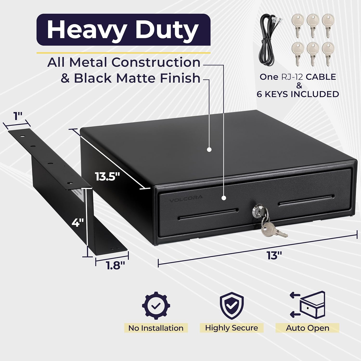 Volcora 13" Electronic Cash Register Drawer with Under Counter Mounting Metal Bracket - POS, 4 Bill 5 Coin Cash Tray, Removable Coin Compartment, 12-24V RJ11/RJ12 Key-Lock, Media Slot, Black