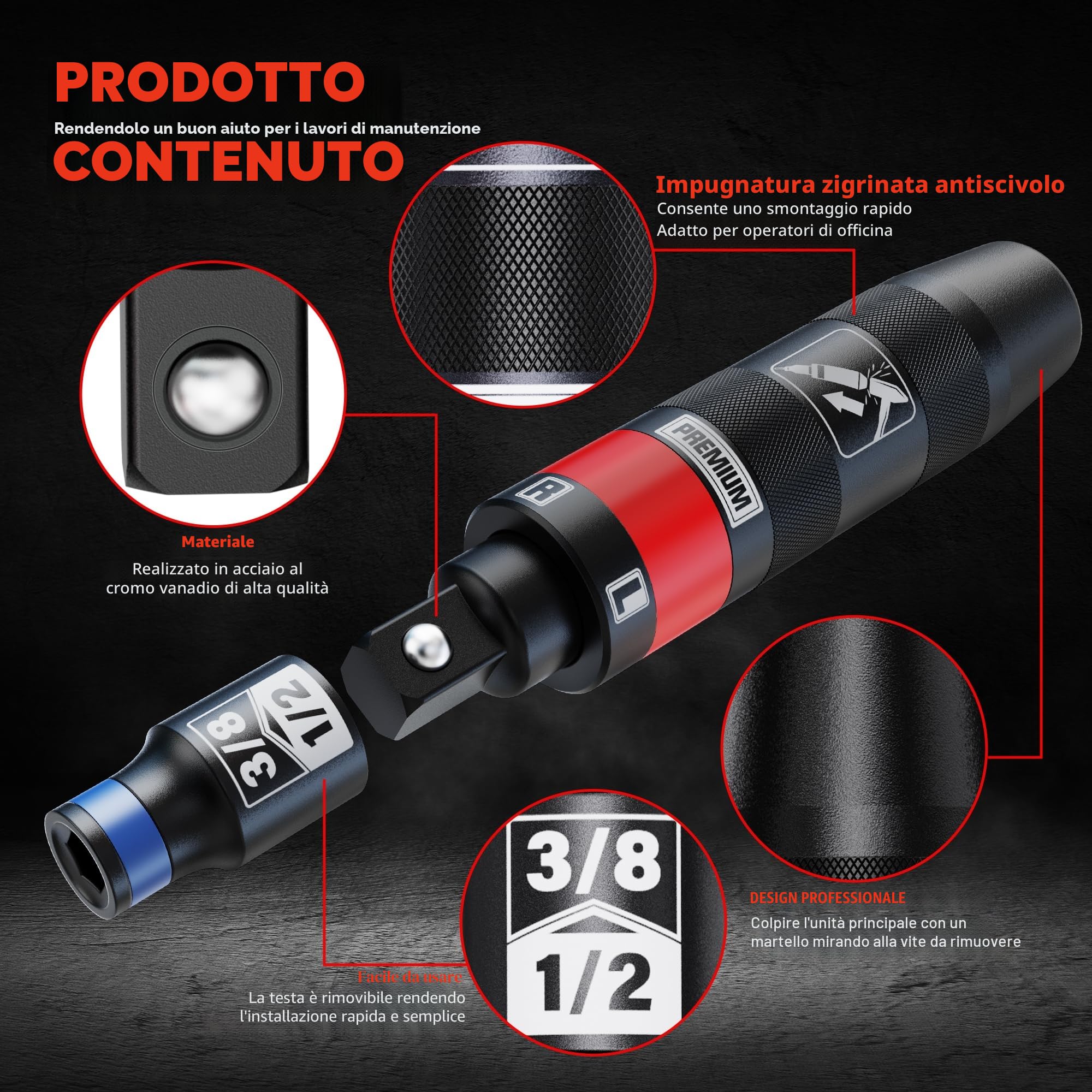 Cacciavite a Impatto 1/2", Cacciavite a Percussione Manuale, Strumento di Riparazione, Rimozione di Dadi e Viti Arrugginite, 13 pezzi