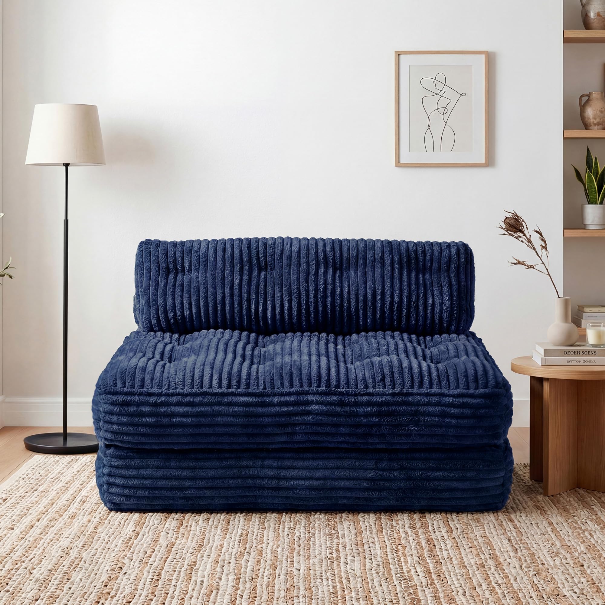 Claiks Double Sofa Bed with Pillow, Foldable Corduroy Floor Sofa, Blue