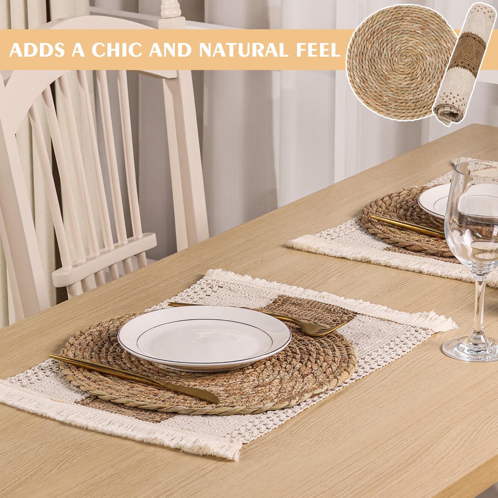 Juego de 4 manteles individuales bohemios hechos a mano para cocina, mesa de comedor, centro de mesa, decoración de centro de mesa, arpillera de algodón natural y paja de agua (juego de 4 manteles