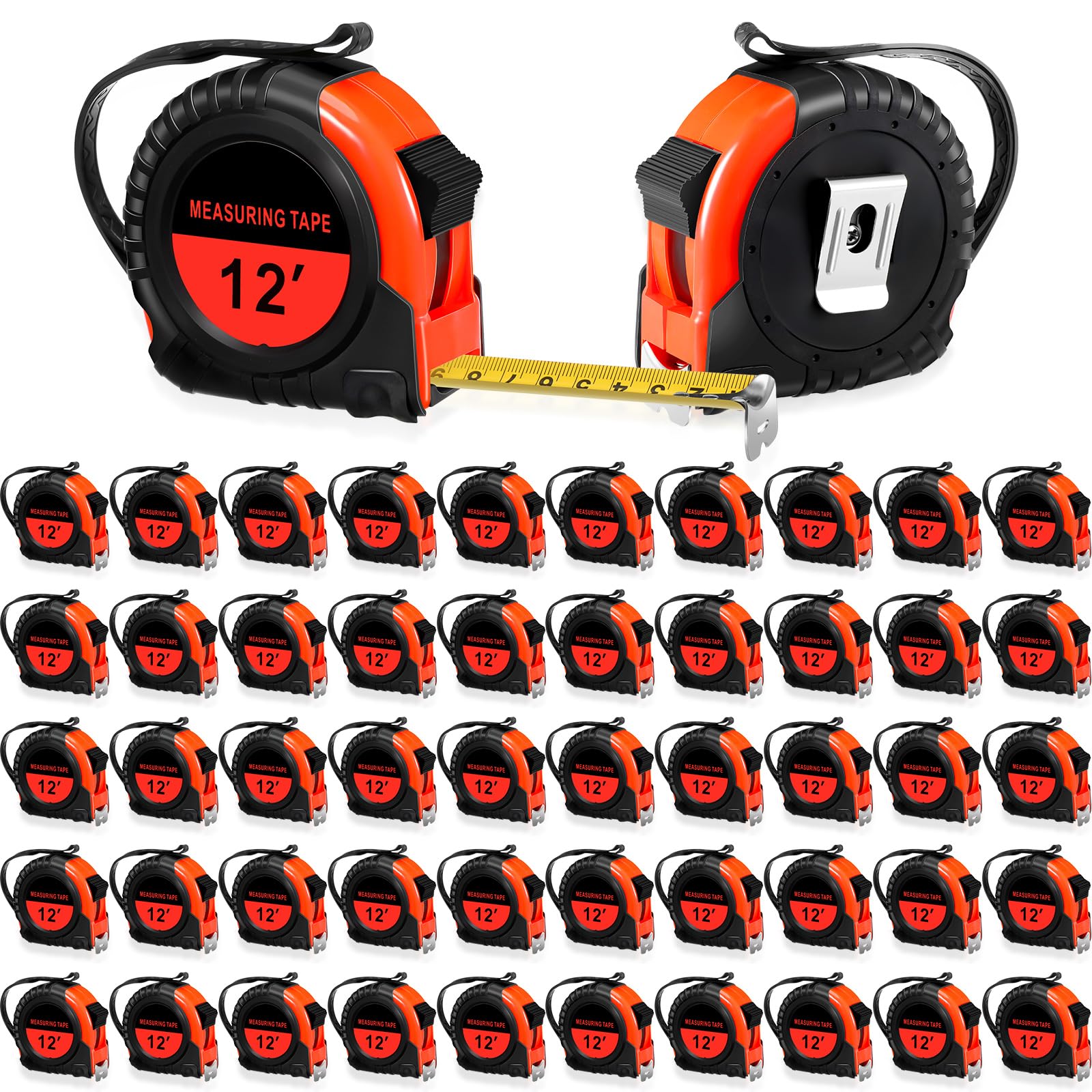 Photo 1 of Copkim 50 Pieces Tape Measure Retractable and Easy Read with Fractions Marked Easy Read Basics Self Locking Measuring Tape Bulk for Engineer Contractors(12 Ft,Red)
