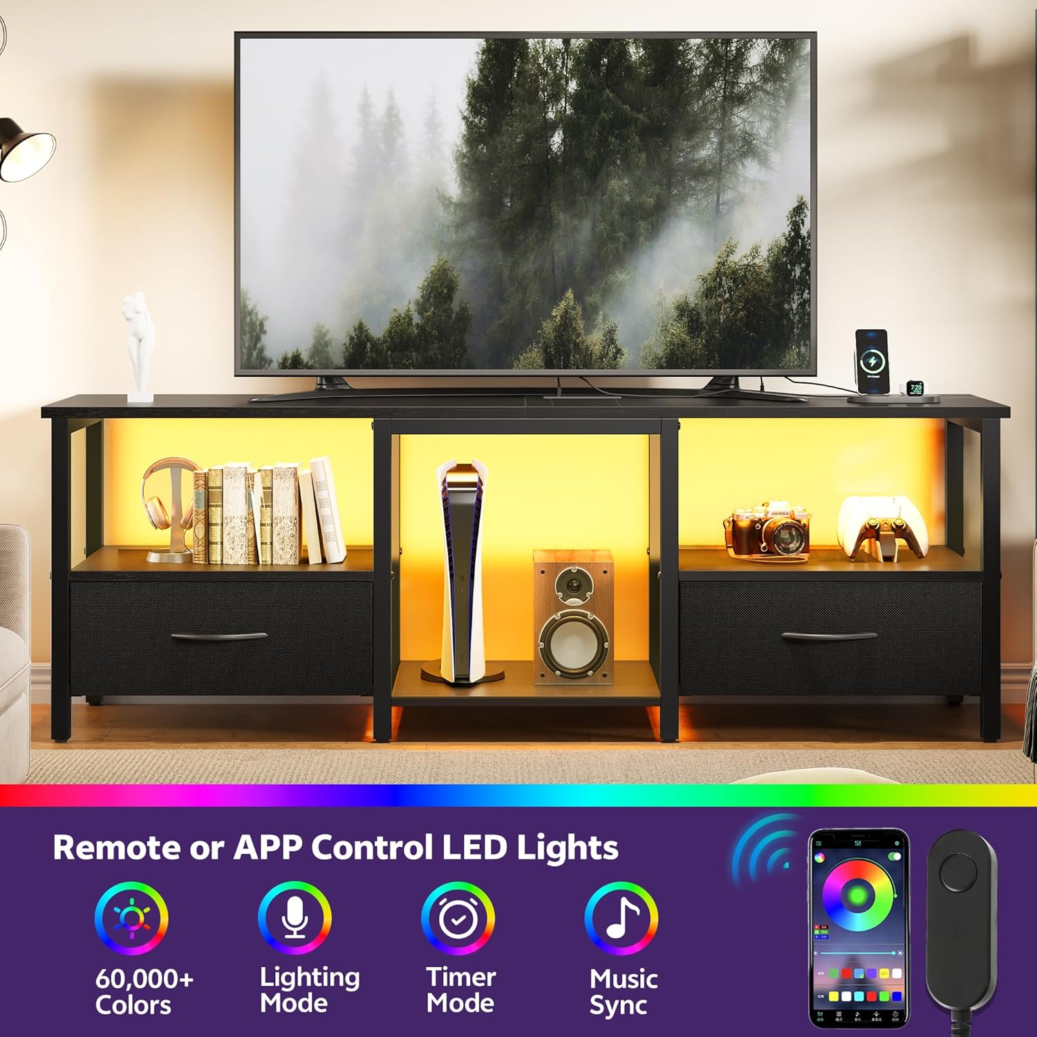 TV Stand for 65 Inch TV, LED Entertainment Center with Fabric Drawers and Power Outlets, Modern Industrial TV Media Console for Living Room, Bedroom Storage Cabinet - 59'' Black 6 81vk5APevVL. AC SL1500