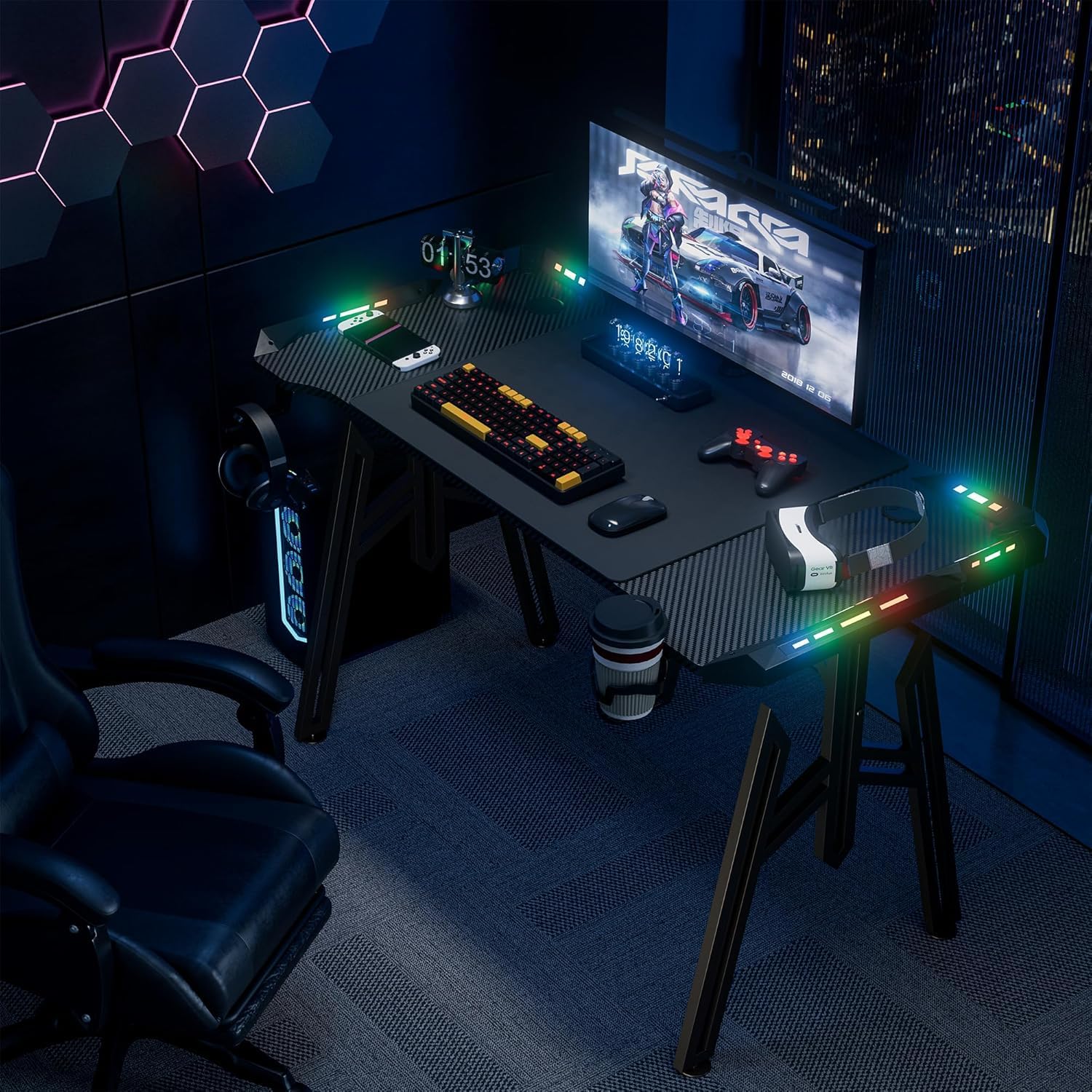 LZQ Scrivania da gaming a LED da 120 x 60 cm, colore nero, tavolo per PC con supporto per bevande e ganci per cuffie, scrivania da gaming ergonomica con telaio M