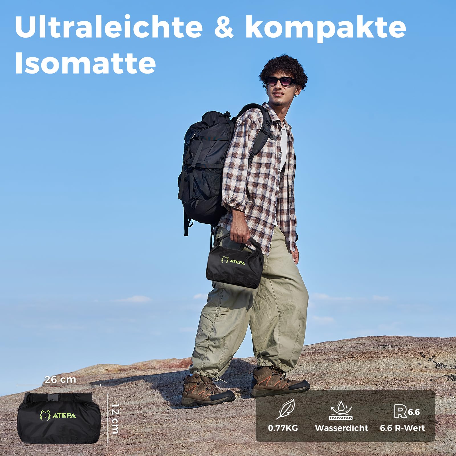 ATEPA ThermAir Pro Isomatte Ultraleicht für Camping & Backpacking, 6.6 R-Wert Isolierte Luftmatte mit 7 Kammern, Kompakte Camping Matte mit Tragetasche, Extra Groß & Breit (197x65 cm)