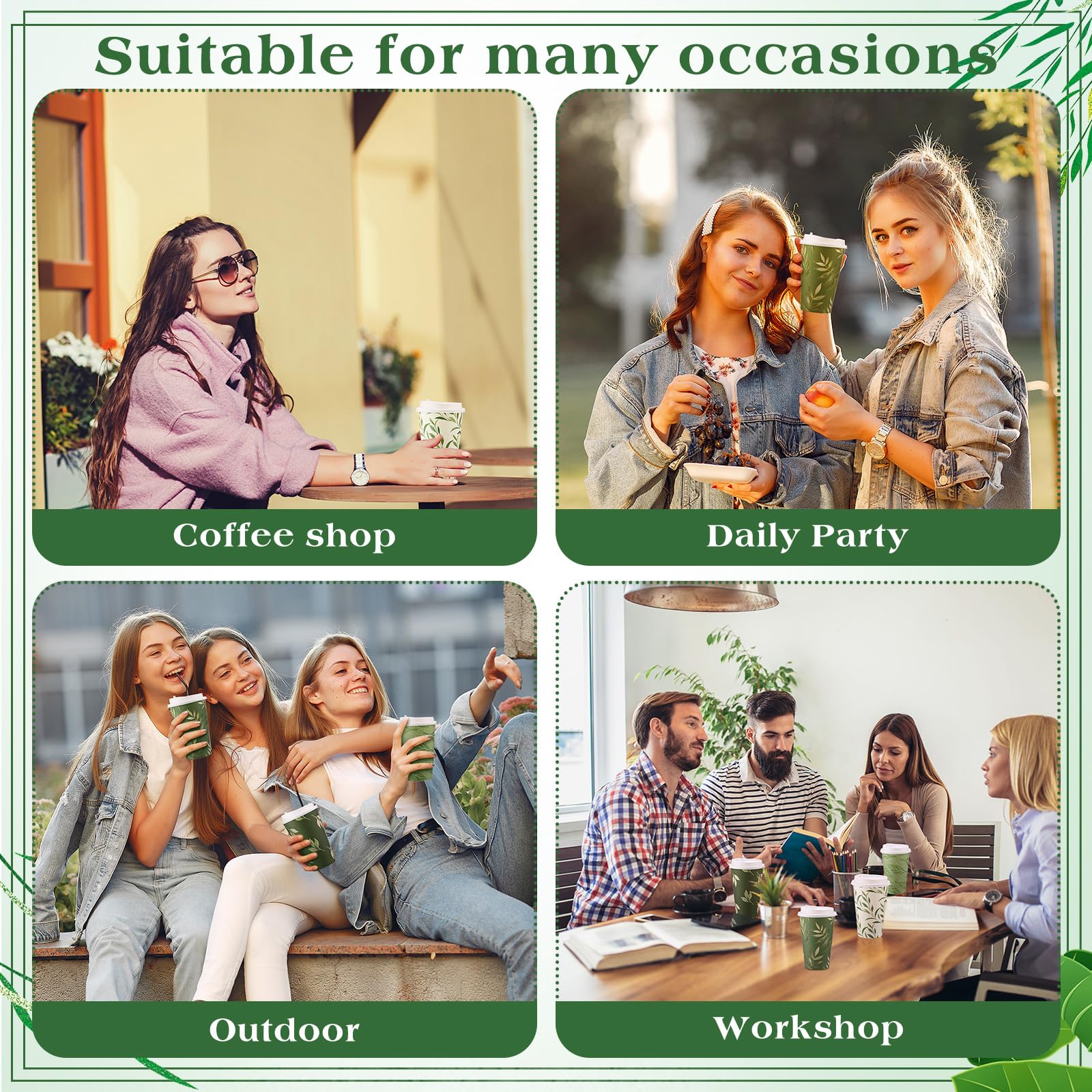 Zopeal 100 Pcs 12 oz Spring Disposable Coffee Cups with Lids 4 Sage Green Themed Pattern Paper Cups Travel Disposable Coffee Mugs for Spring Dinner Event Decoration Wedding Kitchen Restaurant Supplies