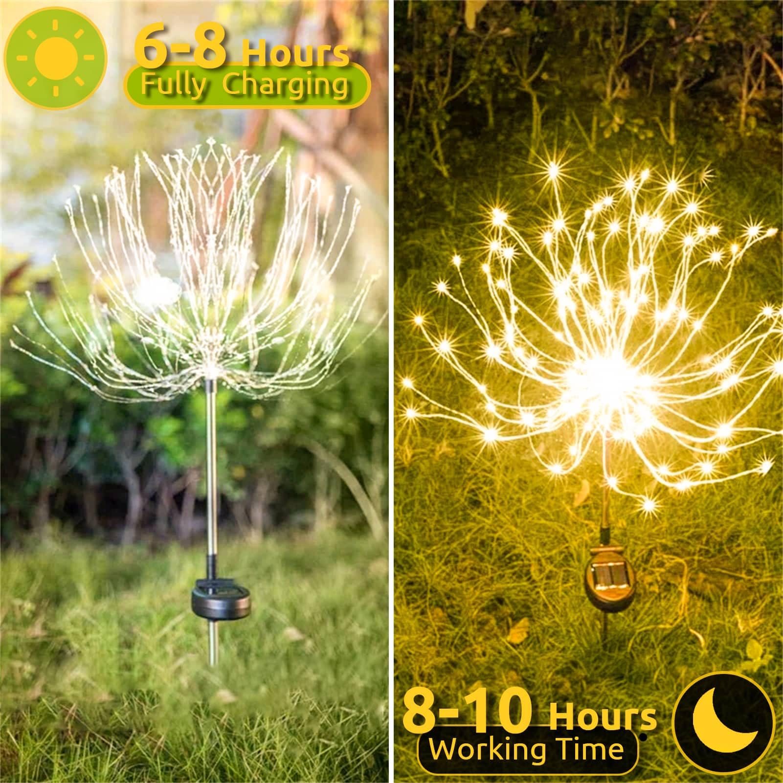 Joycome Luci Solari 2 Pezzi Lampioni da Giardino Esterno Solari, 120 LED Paletti da Giardino IP65 Impermeabile Lampada Solare Terra Luci per Prato Vialetto Scala Paesaggio (Bianco Caldo)