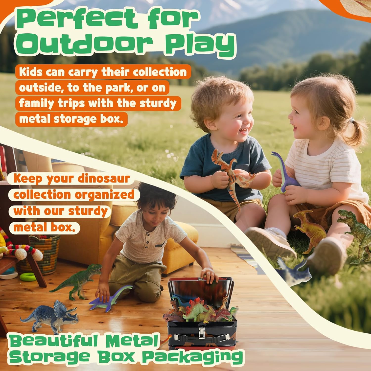 Zippytots Dinosaur Toys for Kids 3-5-7-14 Realistic Plastic Dinosaur Figures with Metal Storage Box & Learning Booklet - Educational Dino Figure Toys for Boys Girls Toddlers