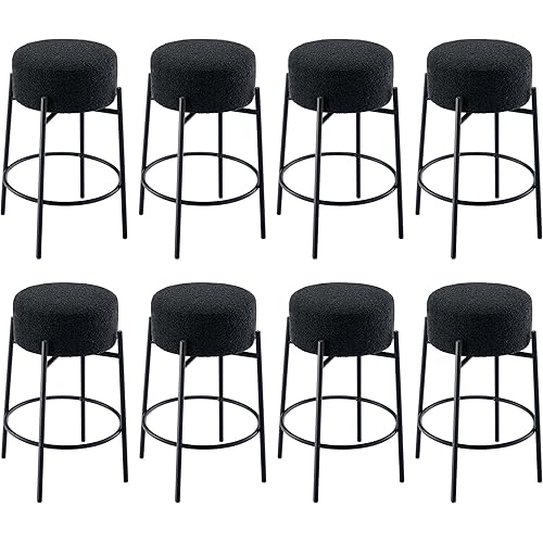 Swivel Counter Stools, Island Chairs, Counter Height Bar Stools, Stools for Kitchen Counter, Boucle Fabric Upholstered with Metal Base, 26 inches H, Set of 8, Black