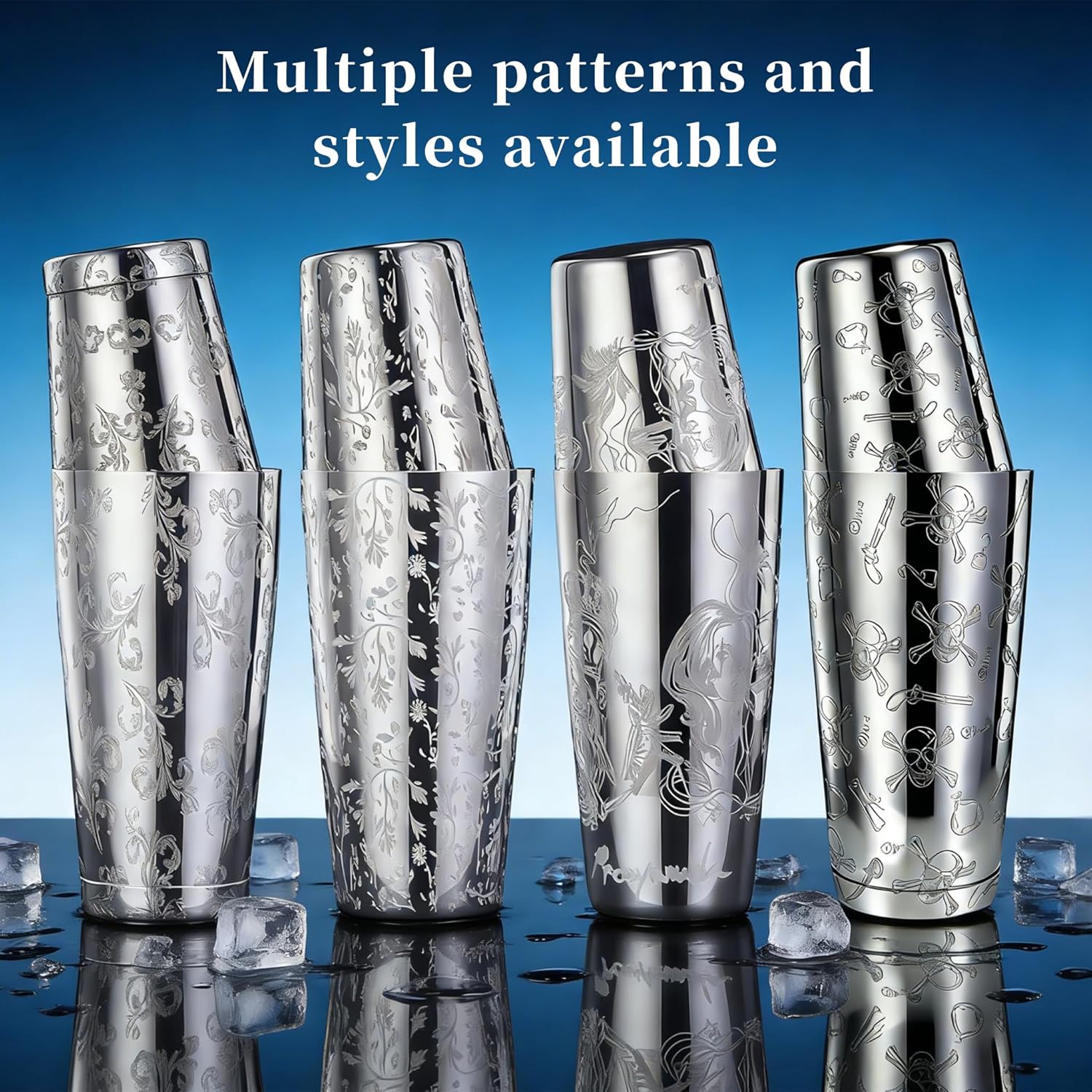 Stainless Steel Boston Shaker Tin with Etched Pattern - 2 Piece Unweighted Cocktail Shaker 18oz & 28oz, Martini Shaker Drink Mixer Professional Bartender Kits (royal pattern)