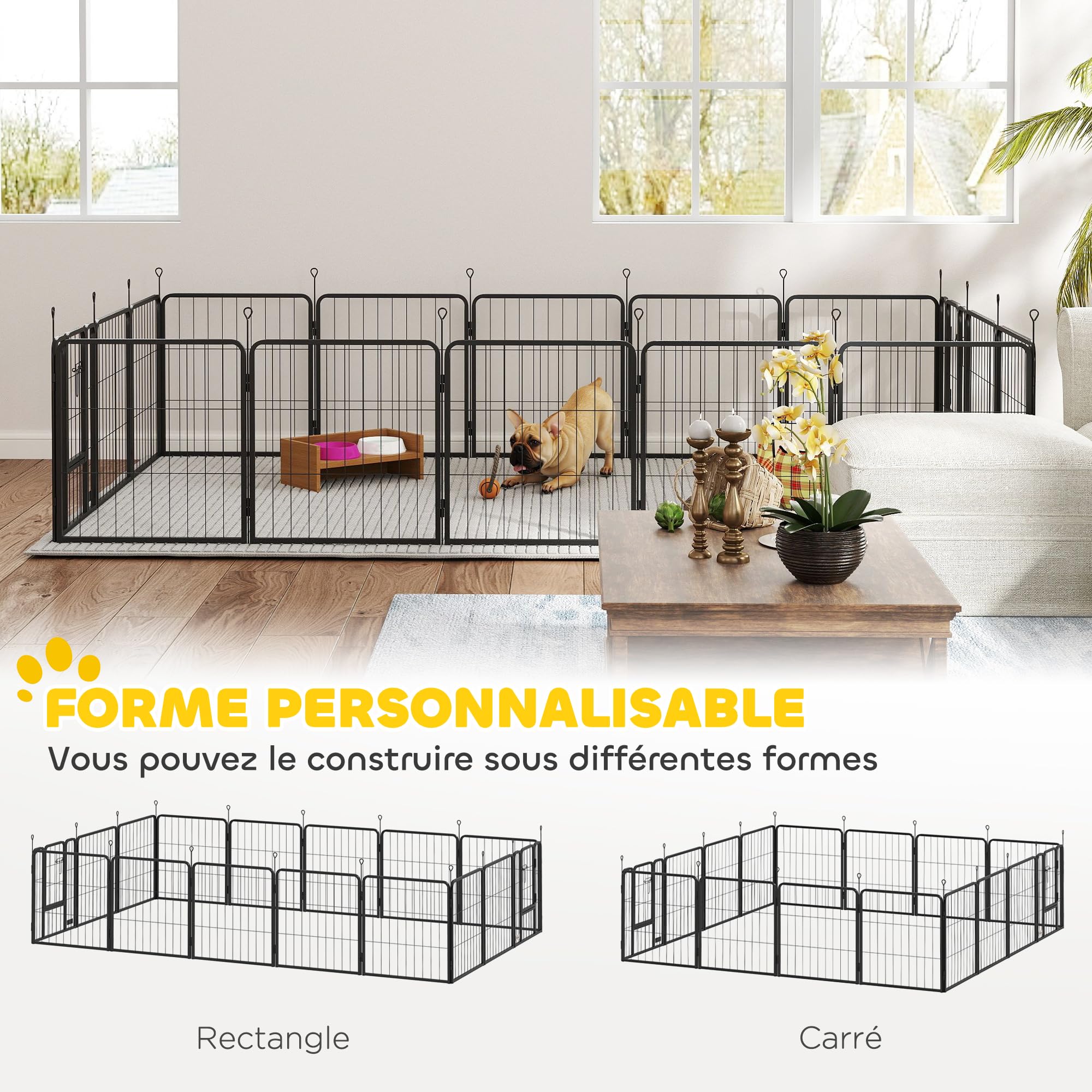 PawHut Parc pour Chien, enclos Chien 16 Panneaux modulable et Pliable, enclos Portable en Acier 60H cm avec 2 Portes, clôture pour Petits Chiens, intérieur et extérieur, Noir