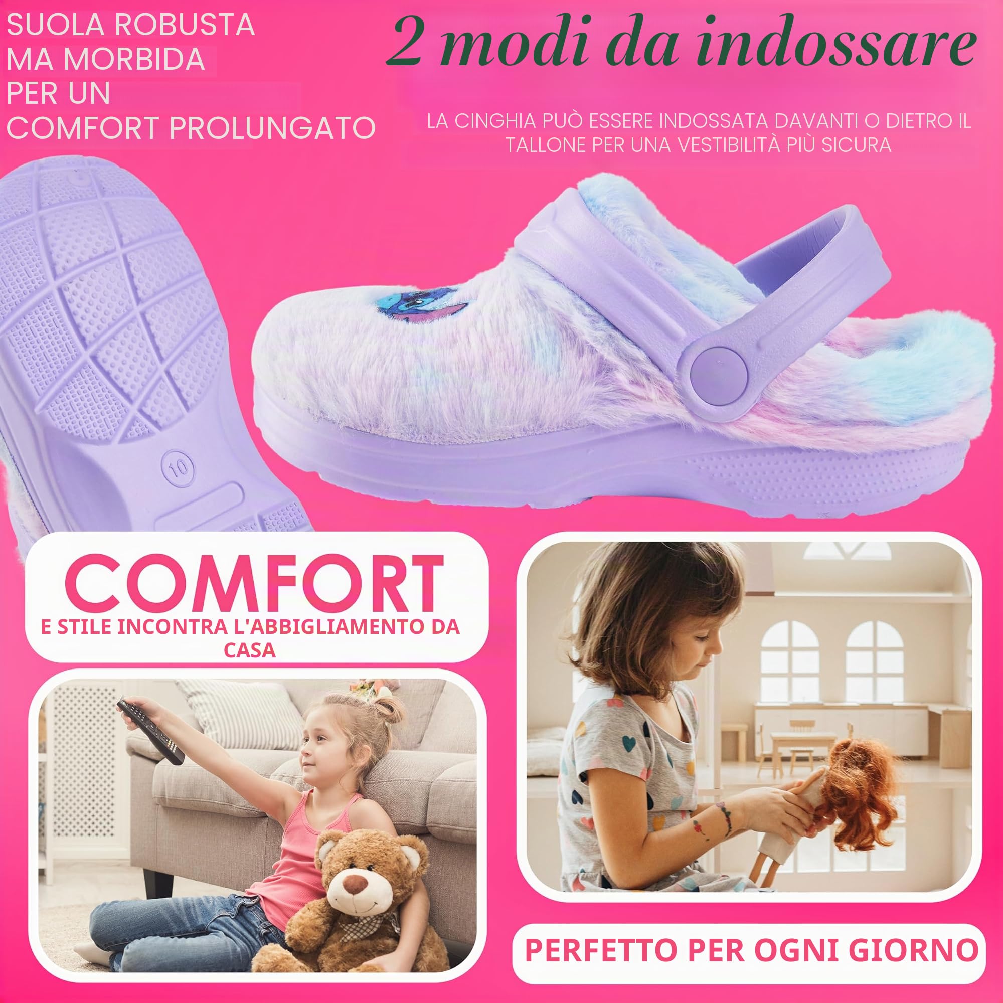 Disney Stitch Zoccoli Bambina EU 28-37, Pantofole Invernali Antiscivolo, Eva Suola Cinturino Regolabile, Regali per Lei