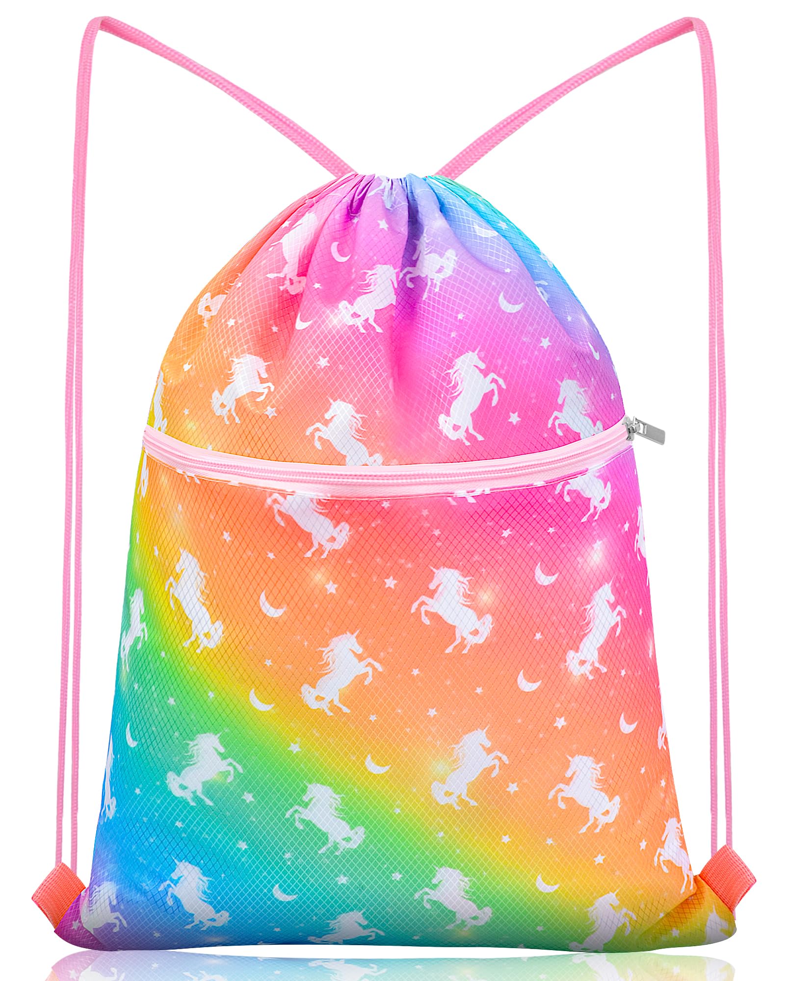 Drawstring Backpack Kids Girls Drawstring Bags Draw String Back Bag Cinch Bag for Dance Sports Gym Travel Swim Beach Pool, Unicorn