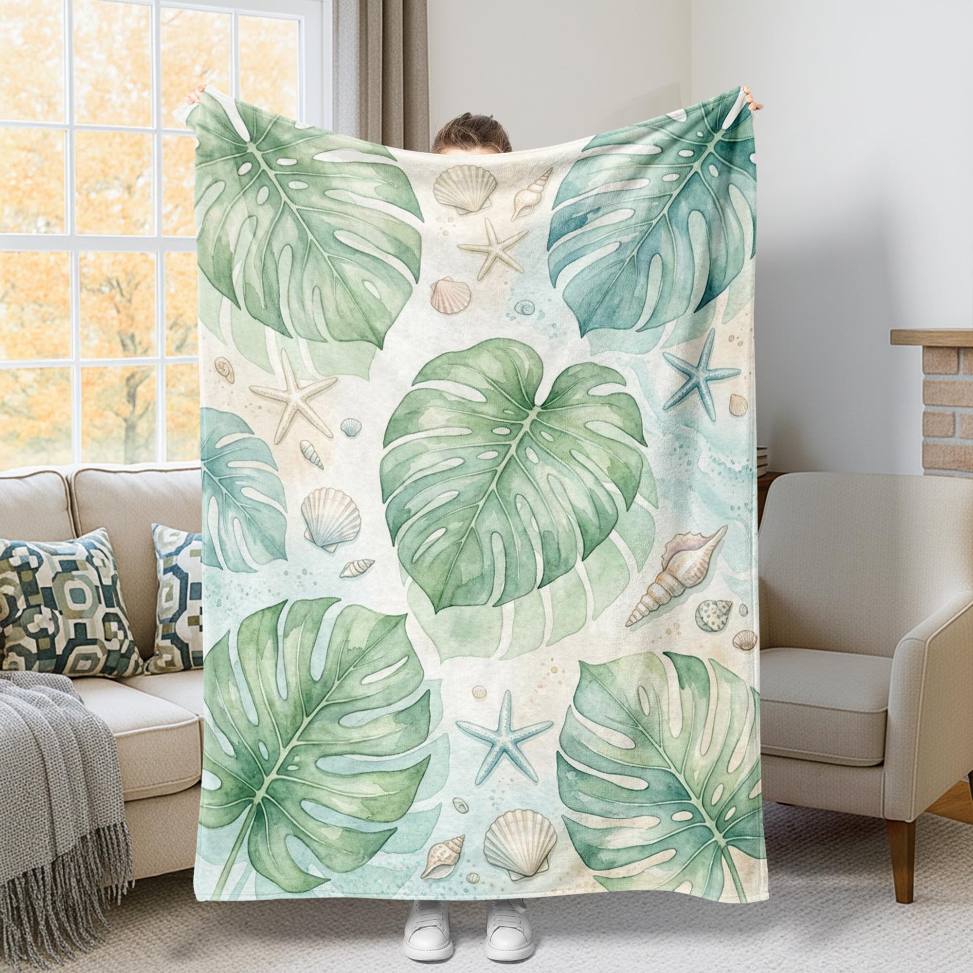 Couverture polaire douce Monstera vert été pour canapé et lit de 127 x 152 cm