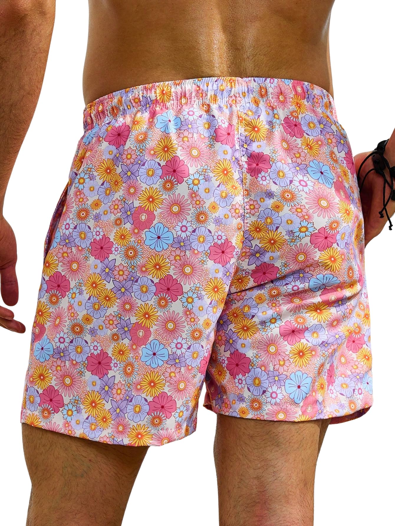 Verdusa Men's Floral Print Drawstring Waist Swim Trunks Beach Shorts Pink Blue Medium