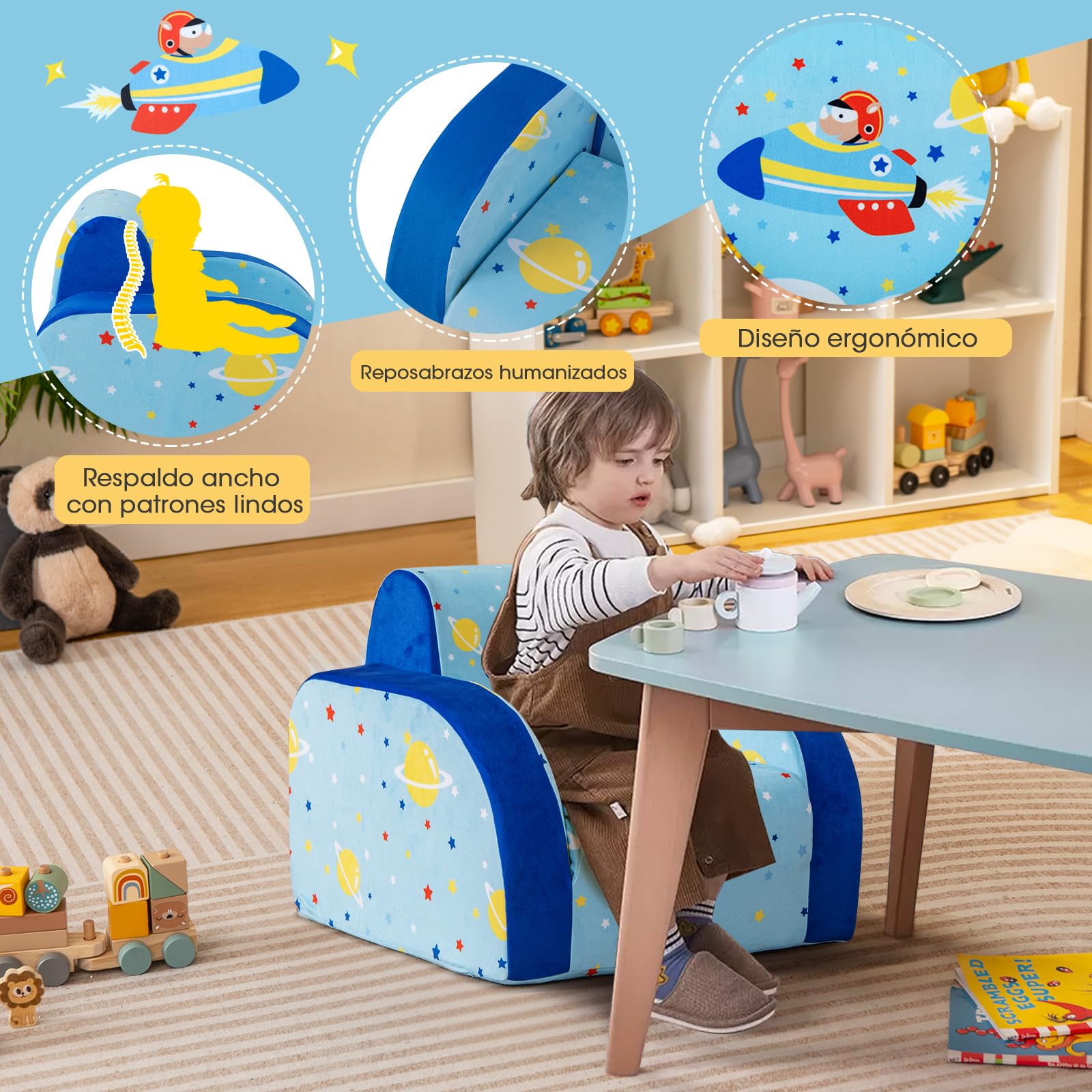 COSTWAY Sillones Infantiles Convertible 3 en 1, Sofá Cama para Niños con Asiento Acolchado de Espuma, Funda Protectora Extraíble, Sillón Reclinable Plegable para Niños de 0-5 Años (Azul, avión)