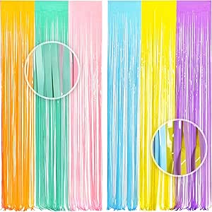 BRAVESHINE Tinsel Foil Fringe Curtains - 2Pcs 3.2x8.2ft Pastel Colourful Photo