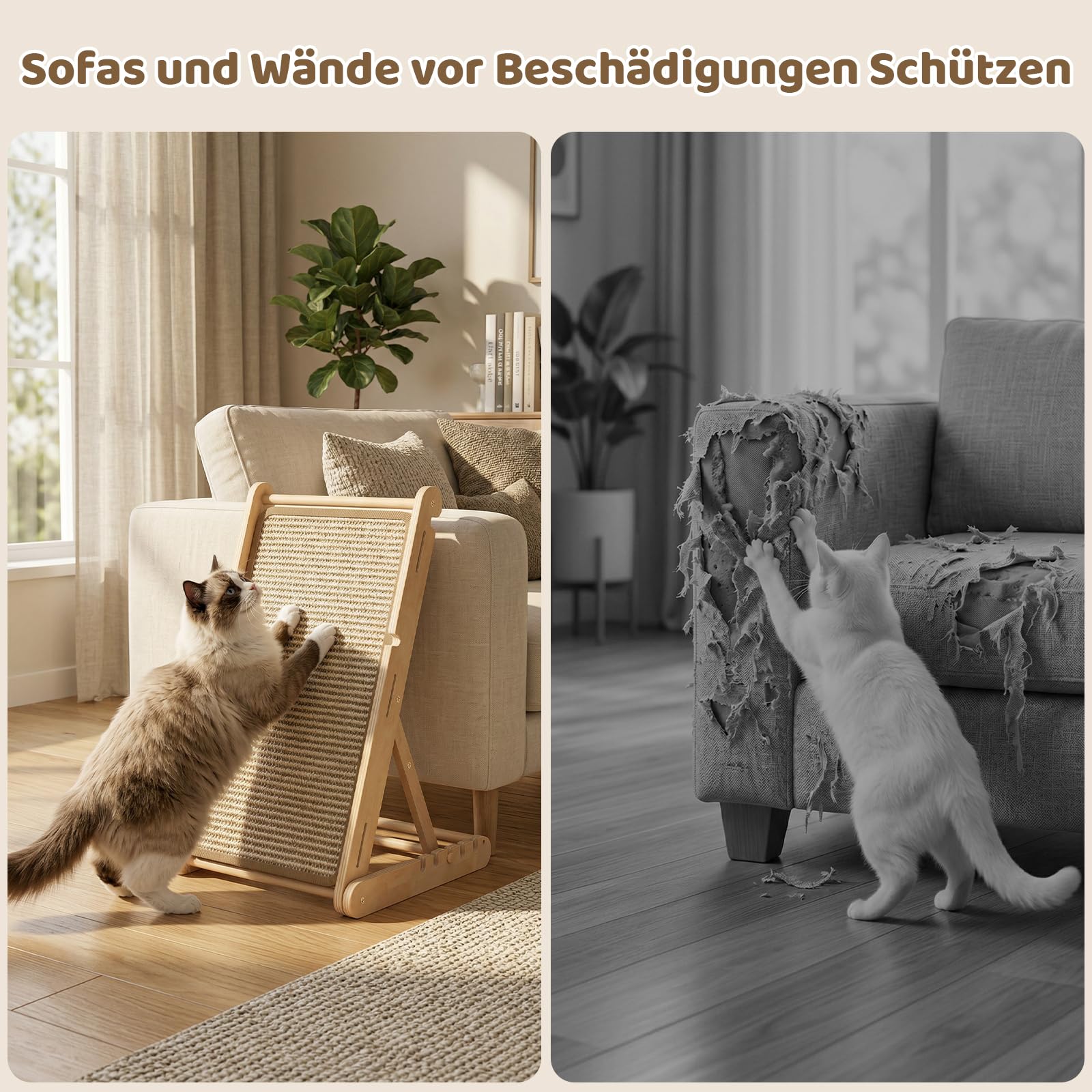 X XBEN Kratzbrett für Katzen, 80CM Hohe L-Förmige Kratzbaum zur Krallenpflege, Kratzbrett Große Katzen XXL, Katze Kratzer aus Natürliche Sisal Pad, Klappbar Kratzmöbel für Katzen Spielen, Entspannen
