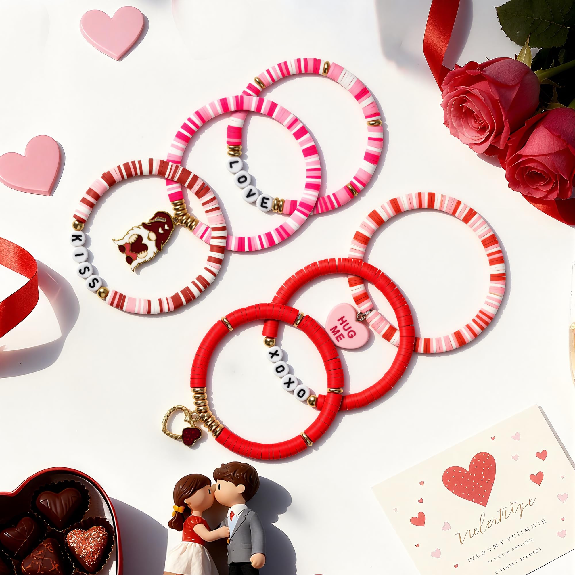 OHOME Valentines Day Outfit Women - 6 Pack Bracelets for Her | Valentines Day Gifts for Her - Valentines Shirts Dress Pajamas | Galentines Decorations Decor Party Supplies
