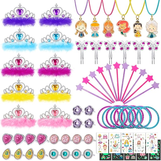 vamei 80pcs Princess Party Bag Fillers for Girls Princess Dress Up Pretend Play Jewellery Toy Princess Crown Star Wand Butterfly Hair Clips Tattoos Princess Accessories Party Favours for Kids Girls