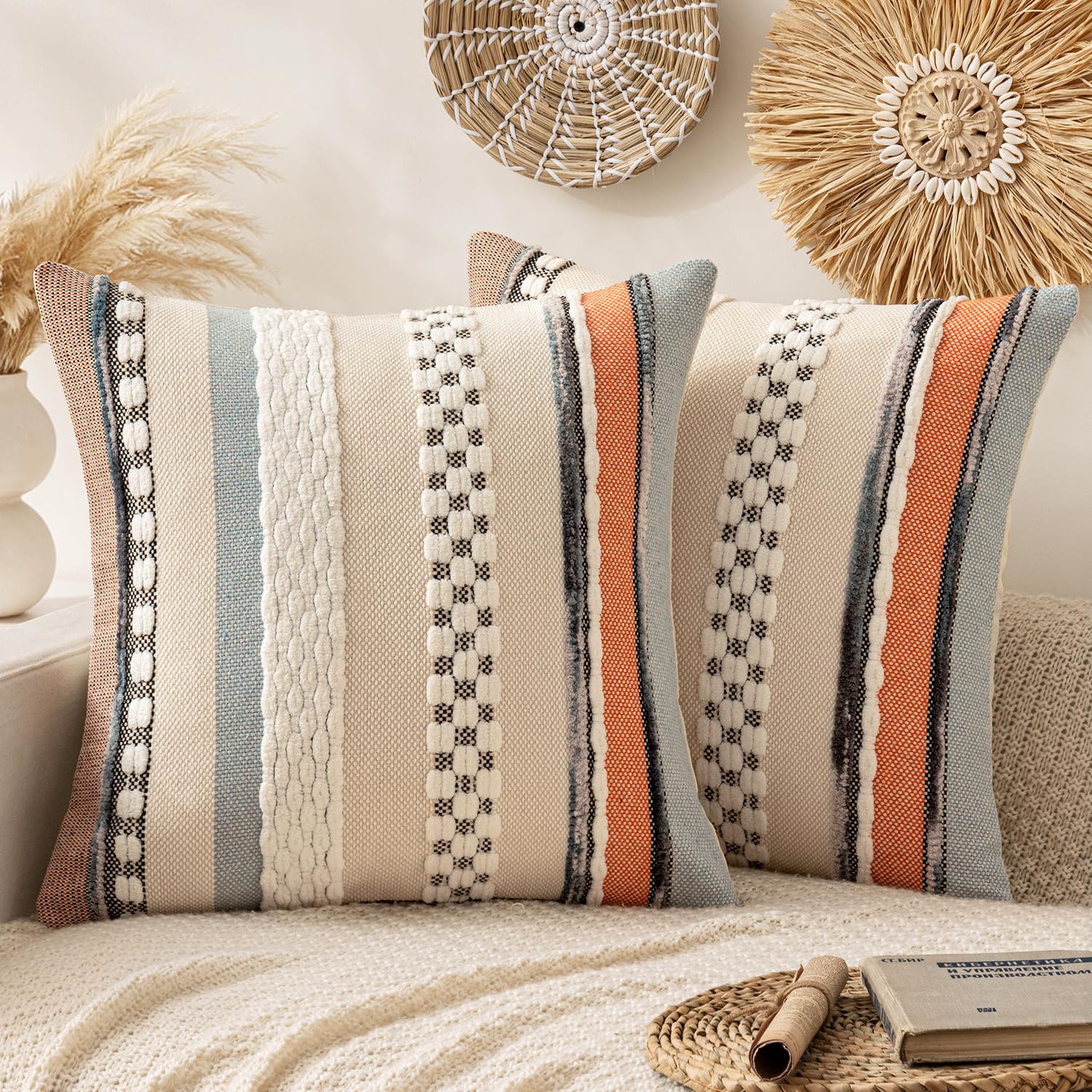 Photo 1 of [Stock Photo for Reference, Item Similar] ANRODUO Pack of 2 Boho Decorative Throw Pillow Covers 20x20 Farmhouse Cushion Case Striped Chenille Pillow Cases Square Pillow Covers Accent Neutral Pillowcase for Sofa Couch Bed, Orange-Blue Stripe