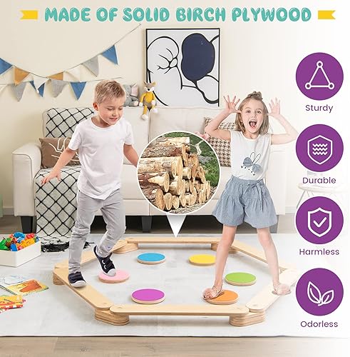 Miniatura 7 de Costzon Monterssori - Viga de equilibrio de madera y piedras de escalón gimnasia para niños carrera de obstáculos juego de mesa de equilibrio para