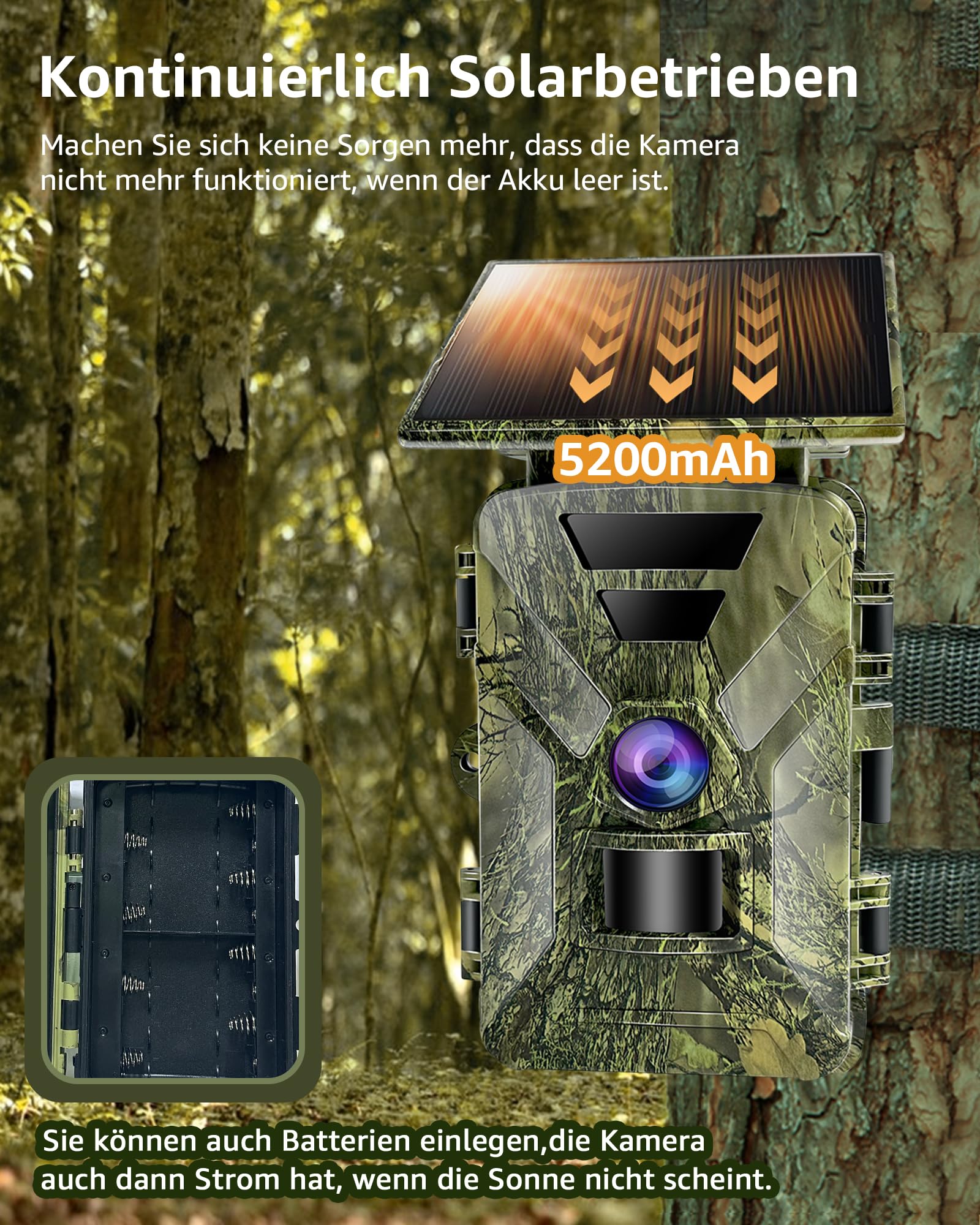 HAZA Wildkamera Solar WLAN mit Handyübertragung App,5200mAh Solarpanel Akku 4K HD Video WiFi Bluetooth wildtierkamera mit nachtsicht bewegungsmelder,64GB SD-Karte Wildcamera Outdoor IP66 Wasserdicht