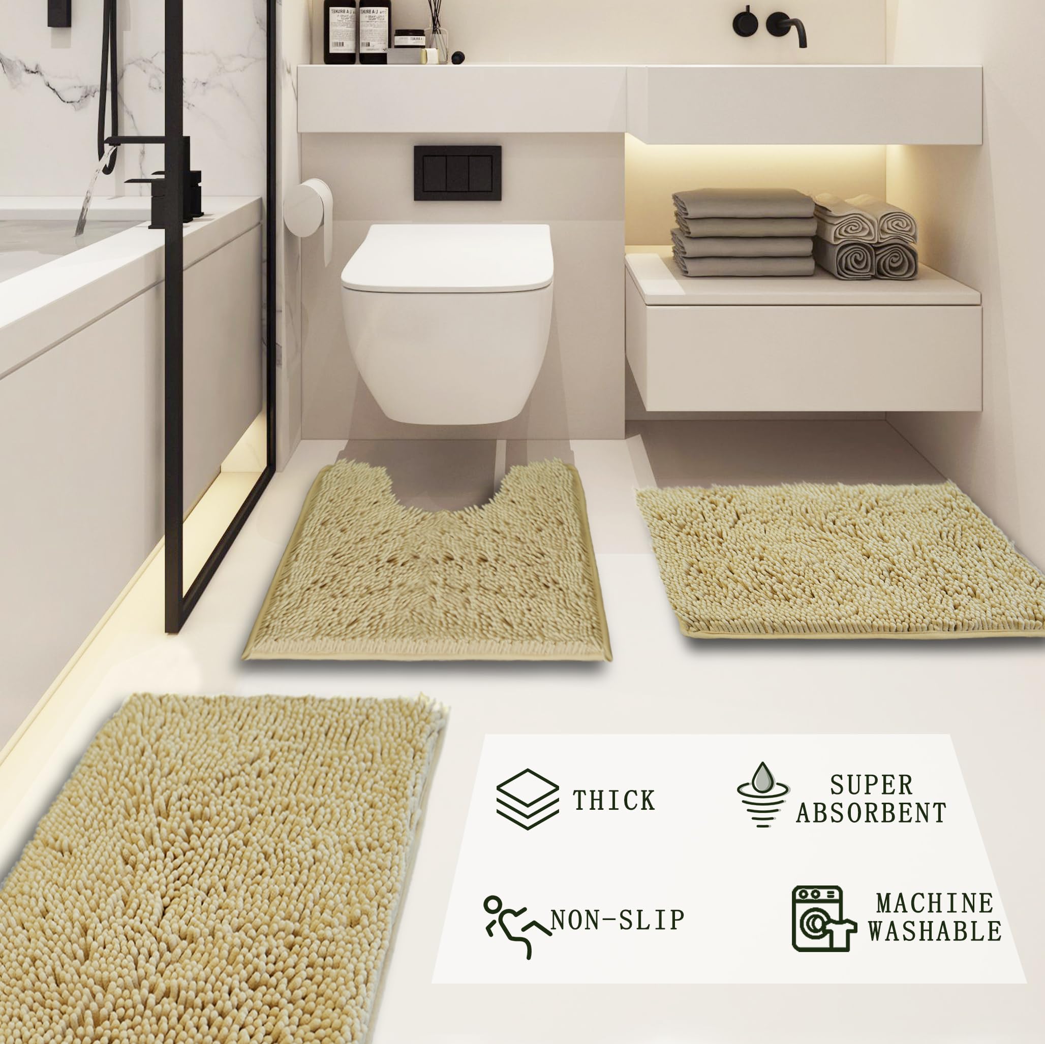 Lot de 3 tapis de salle de bain en chenille, très épais et absorbants, antidérapants, lavables en machine, séchage rapide, doux et confortable, utilisés sous la douche, baignoire et évier,