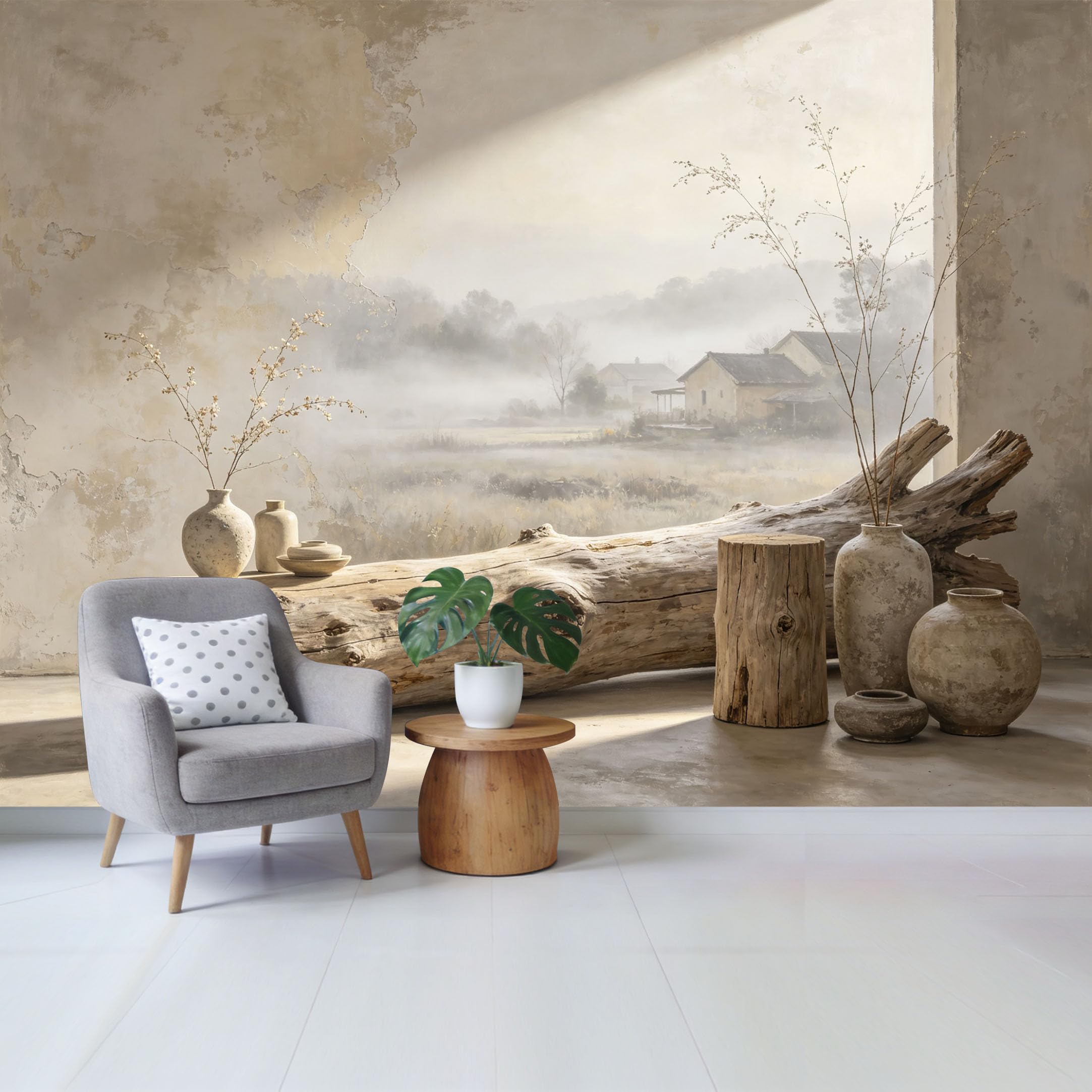 Qzlithotic Yq2605250607 Custom Size Wall Mural Foggy Rural Landscape Vintage Ceramic Vases Dried Twigs Textured Minimalism Selfadhesive Wall Fabric Removable Wallpaper For Home Office Decor