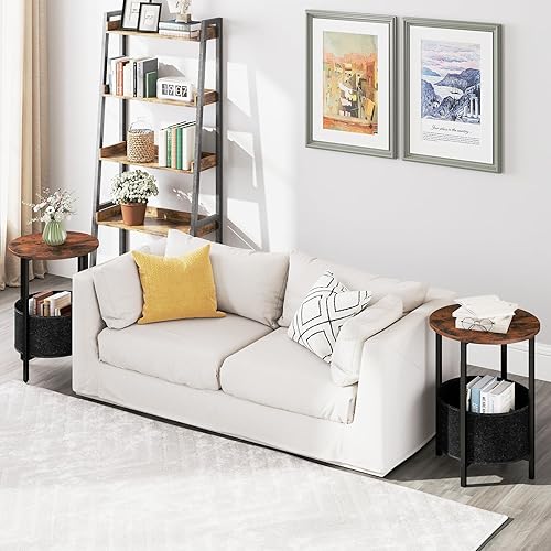 Miniatura 2 de GOFALME - Juego de 2 mesas auxiliares redondas con almacenamiento, mesa auxiliar de sofá con cesta de tela extraíble, marco de metal, parte superior