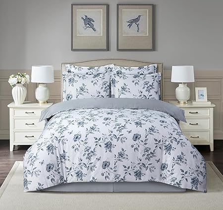 Majestic Giftware Madison Linen 4 Pcs 48" Full Size Duvet Bedding Set (BL100-48F-1-4pcs) Amalfi Orchard - Blue 300 Thread Count Cotton Sateen | 1 Fitted Sheet, 1 Duvet, 2 Pillowcases