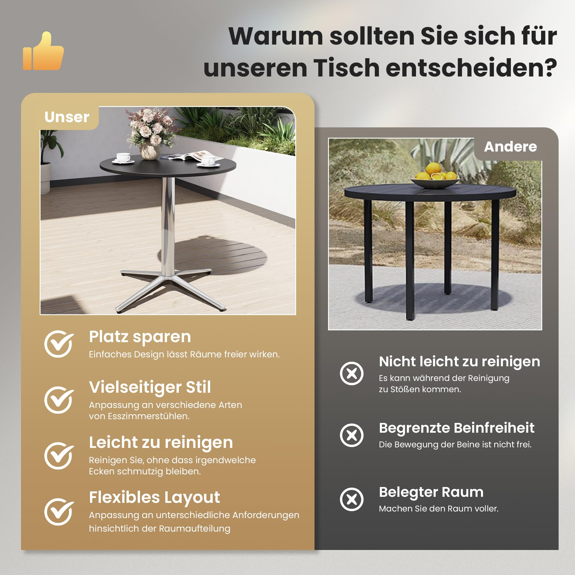 PHI VILLA 2in1 Bistrotisch Rund Wetterfest Esstisch Kleiner Multifunktionstisch für Taverne Garten Balkon Küchen Tisch Ø76x74,5 cm Schwarz