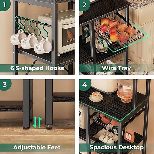 Miniatura 7 de SUPERJARE Estante de panadería con toma de corriente, barra de café de 35.4 pulgadas con canasta de alambre, soporte para microondas de cocina con 6