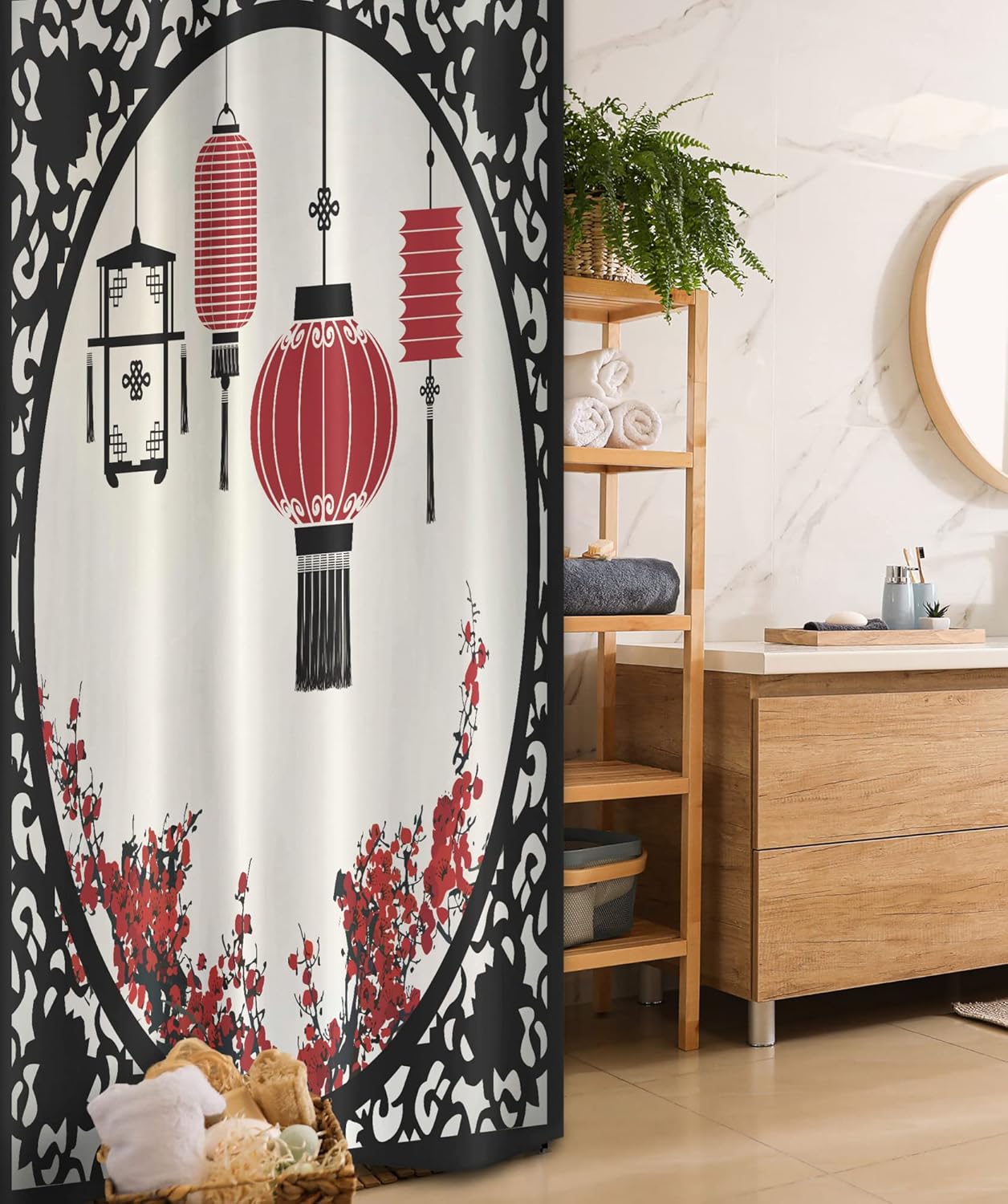 Ambesonne Ethnic Stall Shower Curtain, East Folk Art with Japanese Sakura Cherry Blossom Trees Round Ornate Graphic, Fabric Bathroom Decor Set with Hooks, 36" W x 72" L, Beige Black Red