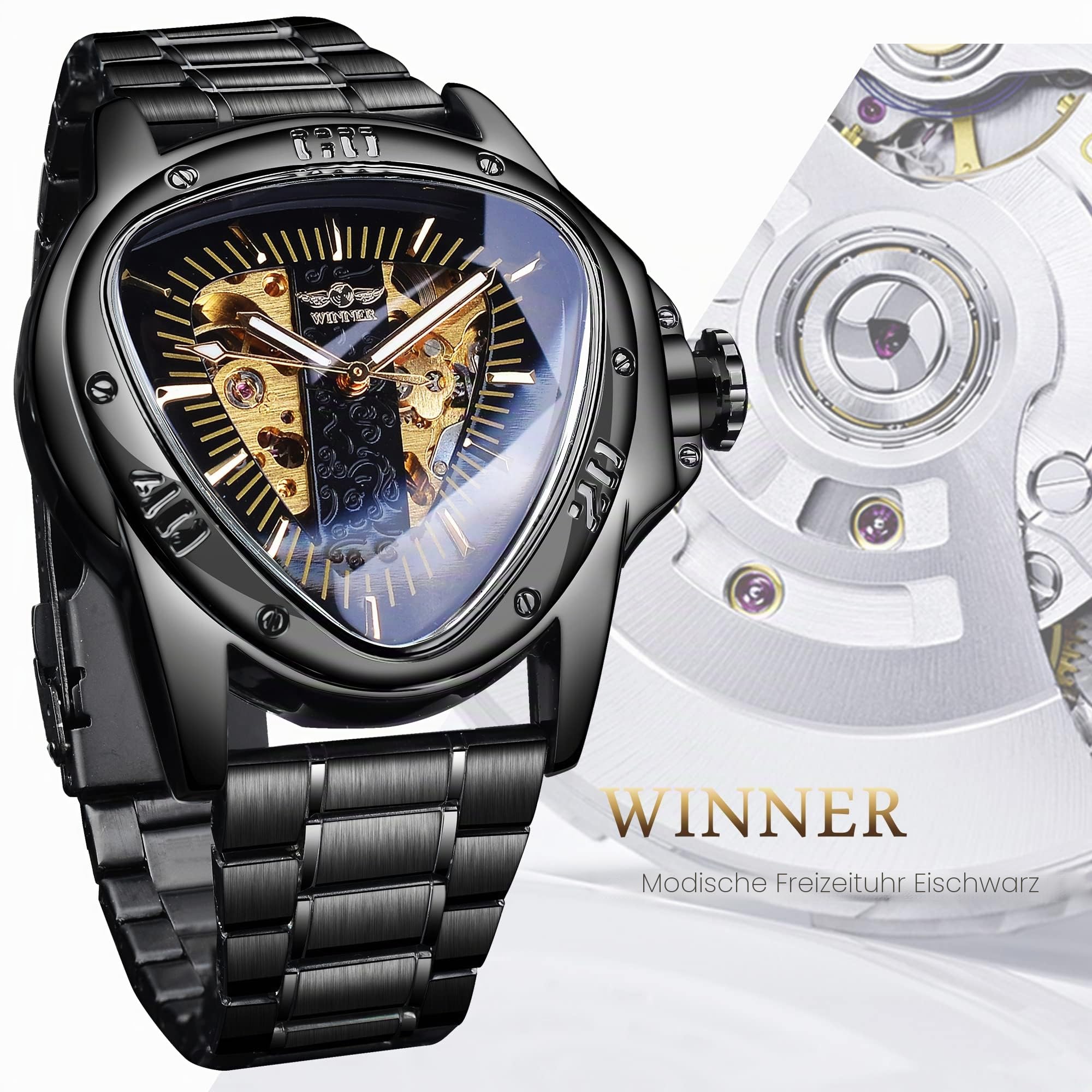 Winner Fashion Mechanische Armbanduhr für Herren, dreieckiges Rennsportzifferblatt, wasserdicht, goldenes Skelettzifferblatt, automatisches Uhrwerk, Lederdesign
