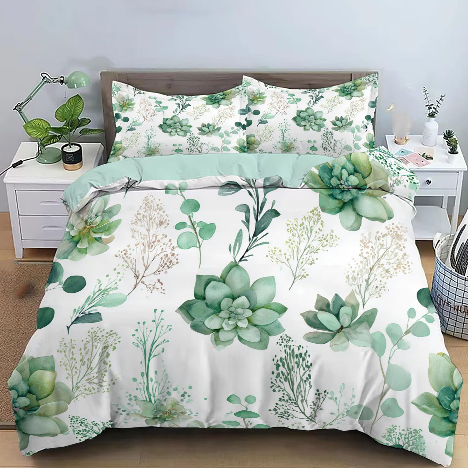 Housse de Couette Plantes Succulentes 140x200 cm avec 2 Taies d'Oreiller Vert Clair Nature