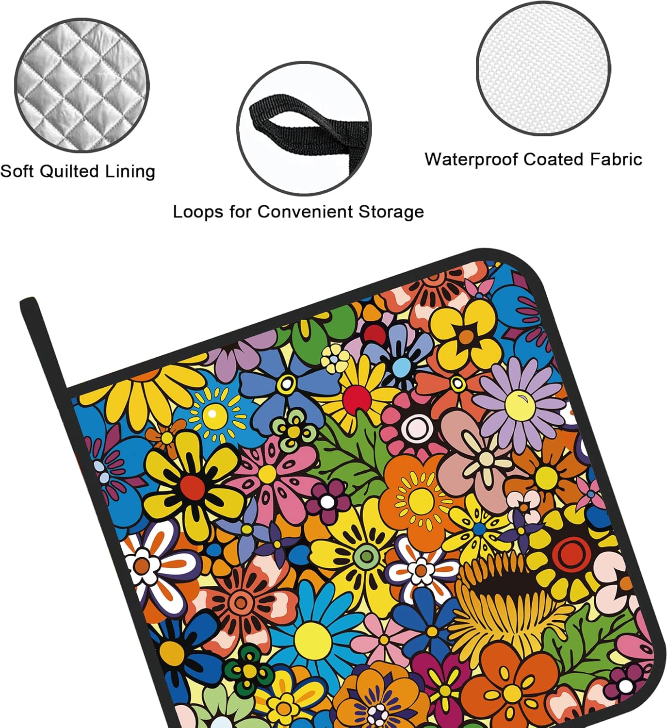 Abstract Hippie Flower Pot Holders Set of 2 Kitchen Heat Resistant Potholder for Microwave Cooking Baking Oven End Dishes and BBQ - Image 3