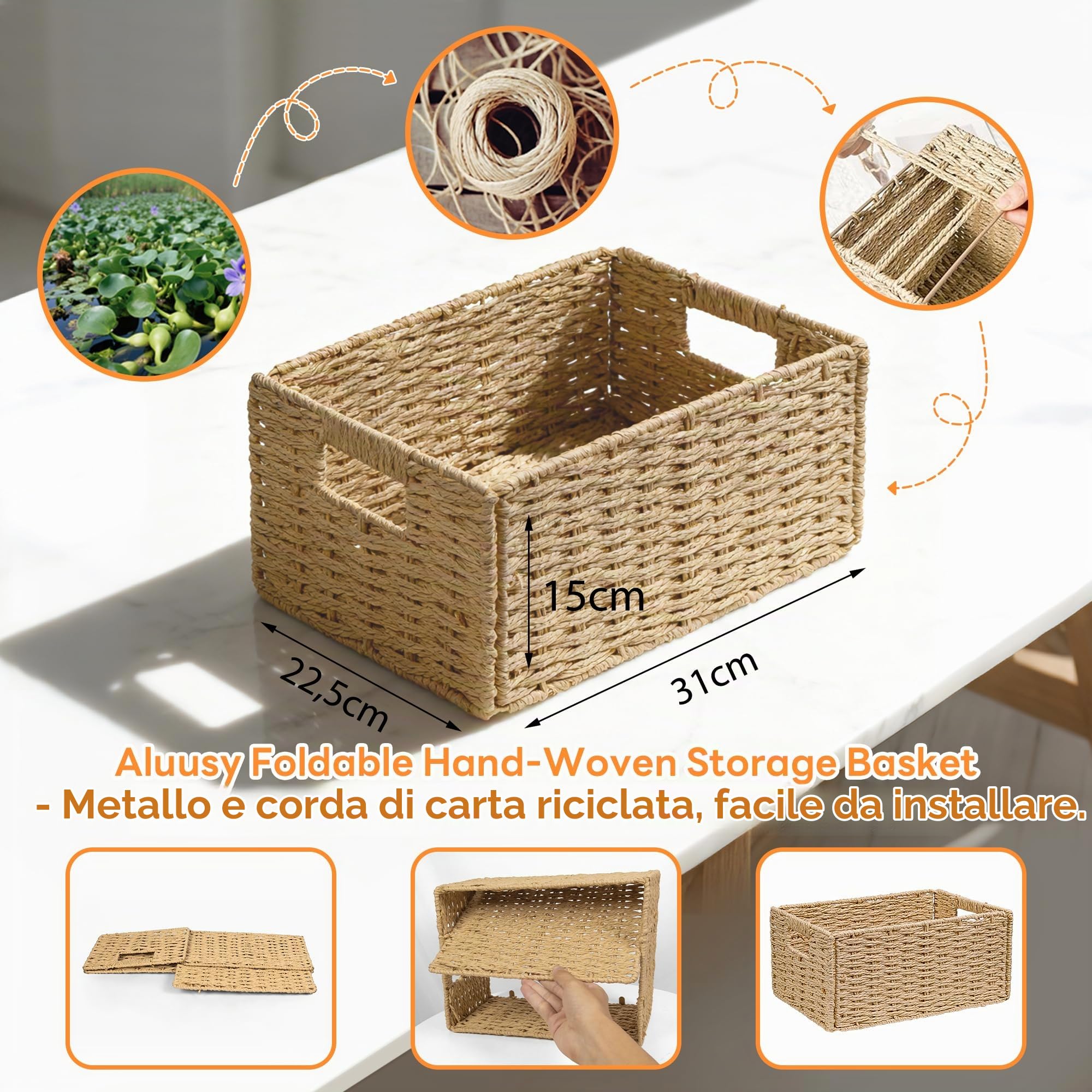 Cesto Portaoggetti Intrecciato in Carta di Giacinto d'acqua, Set di 2 Cesto Vimini Rettangolare, Cestino Vimini Pieghevole Bagno 31x22.5x15 cm, Cestino Portaoggetti per Scaffale Kallax