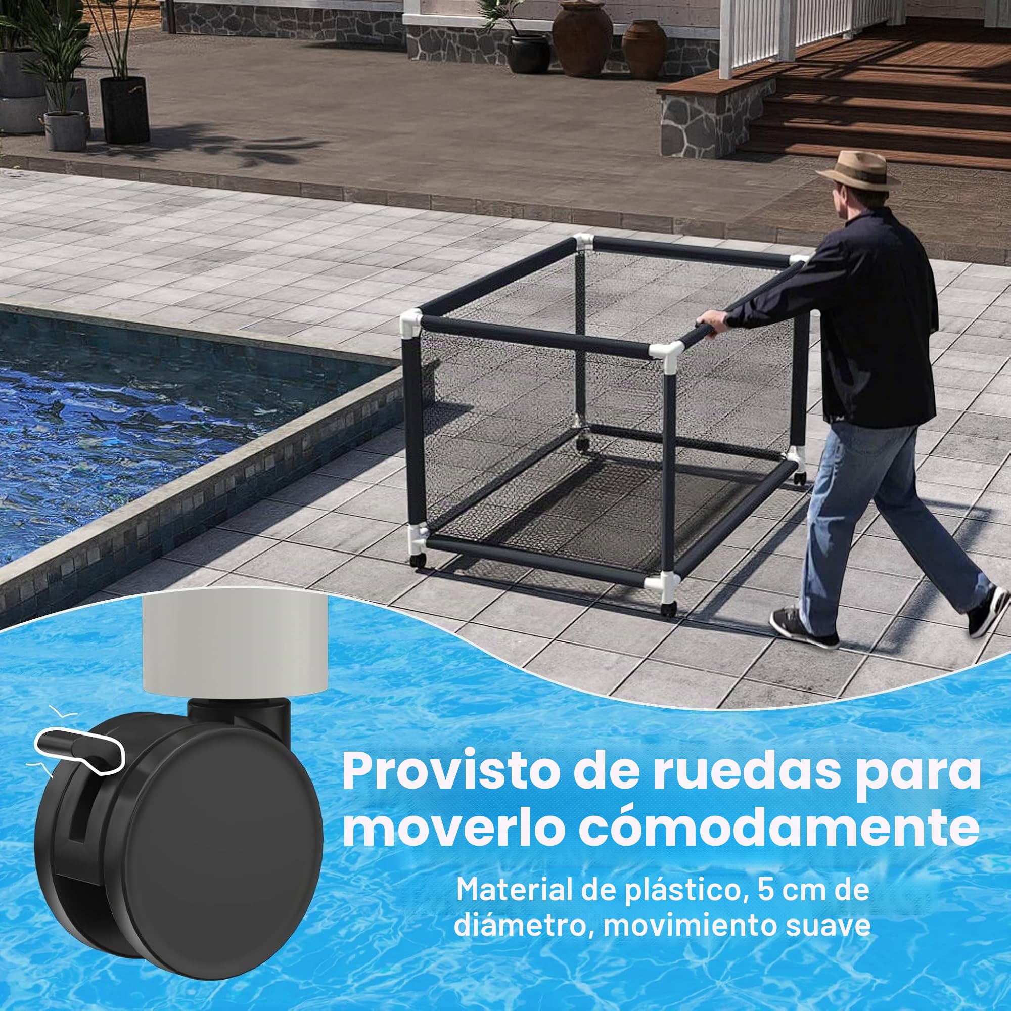 FIVMEN Contenedor de almacenamiento de piscina con rollo porta fideos carro de almacenamiento con red de nailon gran capacidad organizador para fideos juguetes flotador toallas, 230 x 79 x 88 cm