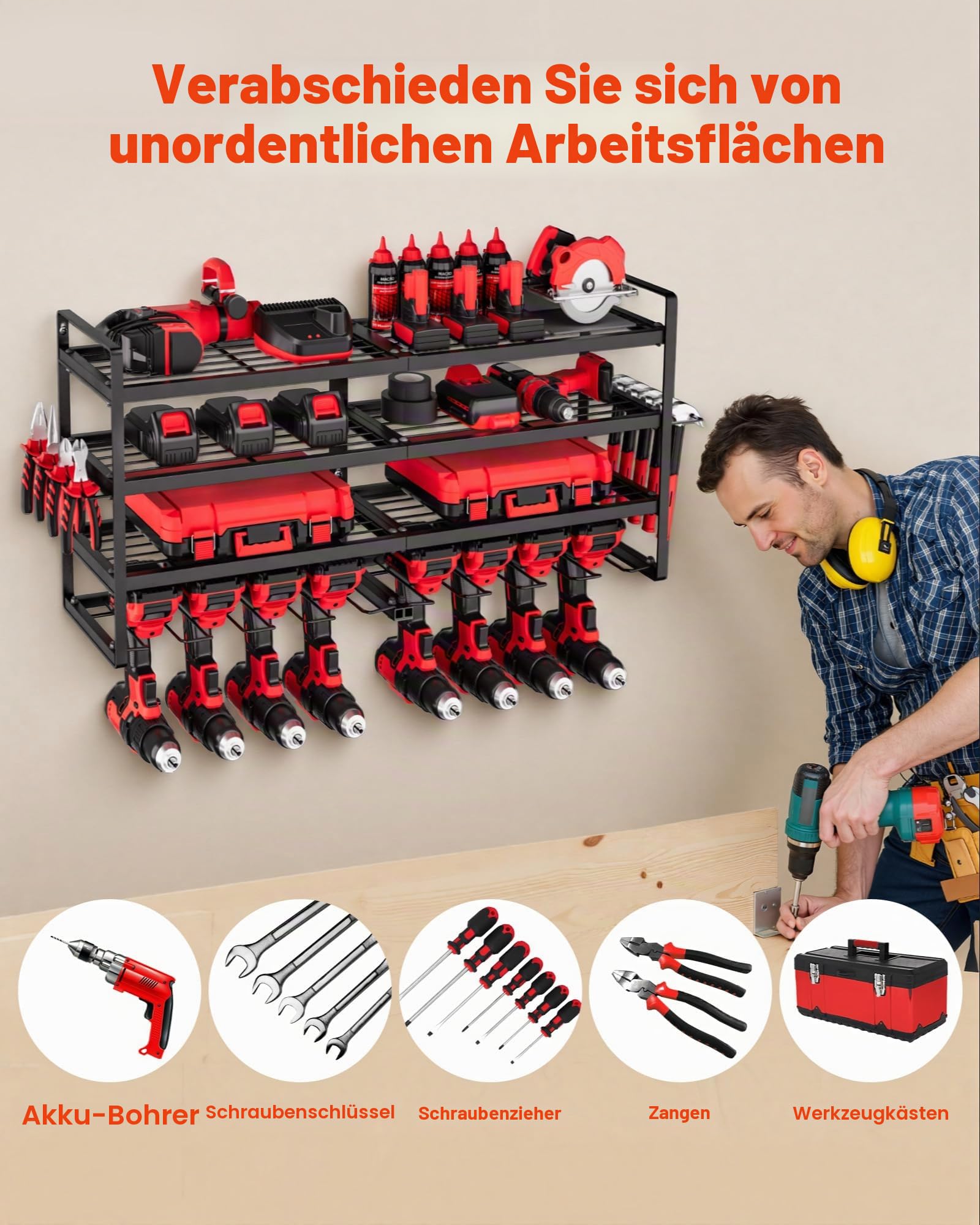 VEVOR Werkzeugspeicher Aufbewahrung Wandhalterung, 4-lagiges Lagerregal mit 8 Bohrerhaltern, Werkzeughalter mit Schraubendreherhalter, Garagen-Werkzeug-Organizer für Garage, Werkbank & Werkstatt