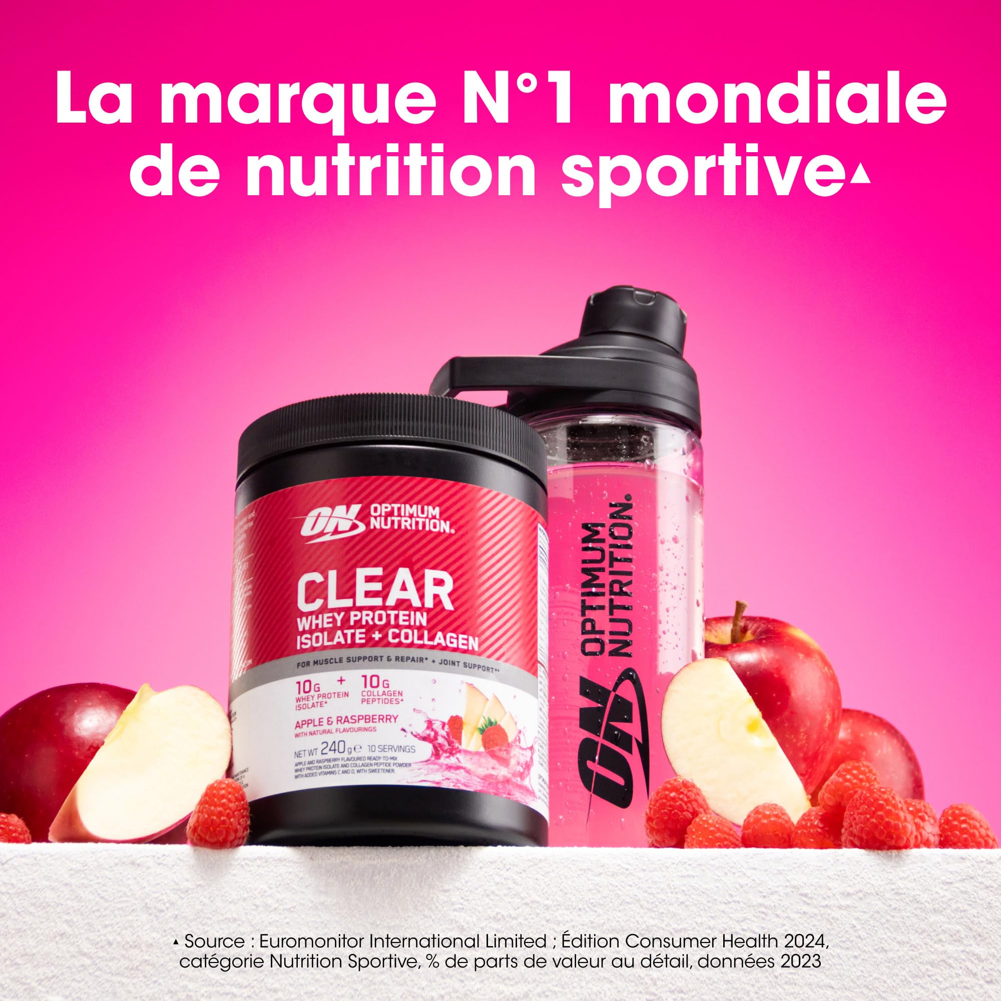 Optimum Nutrition Clear Whey + Collagène, Pomme & Framboise, 10 g Whey Isolate et 10 g Peptides de Collagène par Portion, Boisson Protéinée Claire pour les Articulations, 240 g, 10 Portions*