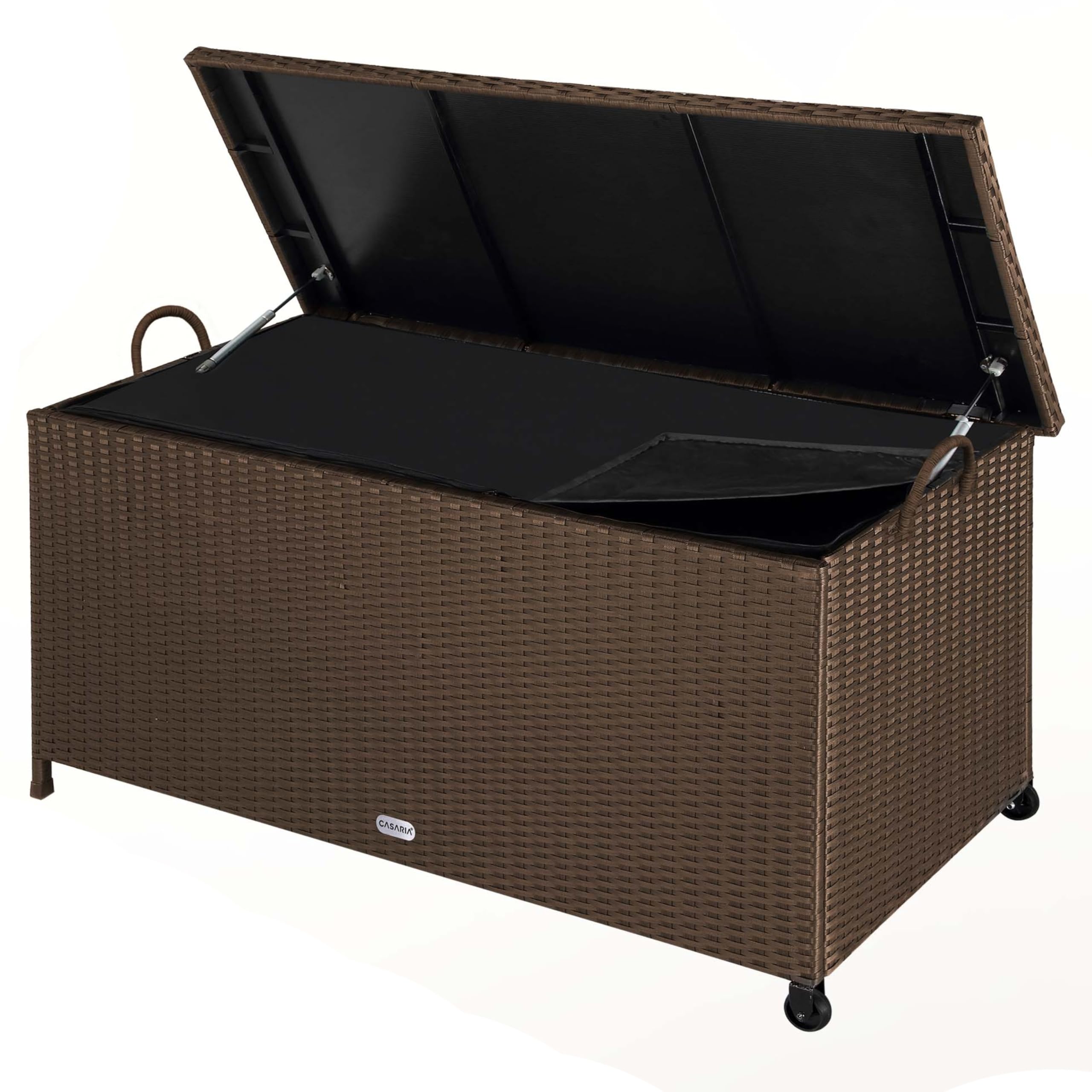 CASARIA® 270 Litre Polyrattan Garden Storage Box with Wheels | Waterproof UV Resistant | Inner Lining | 117x53x60cm Patio Furniture Cushion Chest with Gas Pressure Lift Lid | Brown