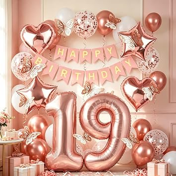 19th Birthday Decorations for Girls, Rose Gold 40 Inch Number 19 Foil Birthday Balloons with Happy Birthday Banner and Butterfly Stickers