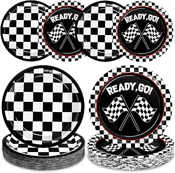 WNINK 48 PCS Race Car Themed Disposable Plates Black and White Checkered Dessert Plates Round Checkered Flag Party Paper Plates for Race Car Birthday Baby Shower Outdoors Picnic Party Supplies