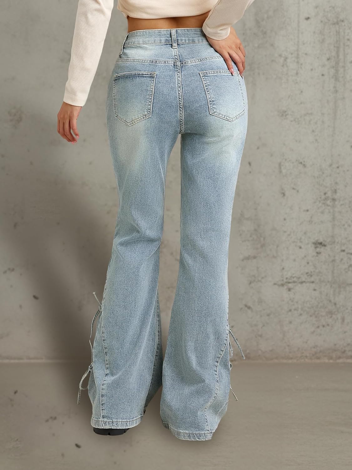 Women Bell Bottom Jeans Lace Up Bow Stretch Flare Denim Pants Cute Y2k Vintage Jeans - Image 4