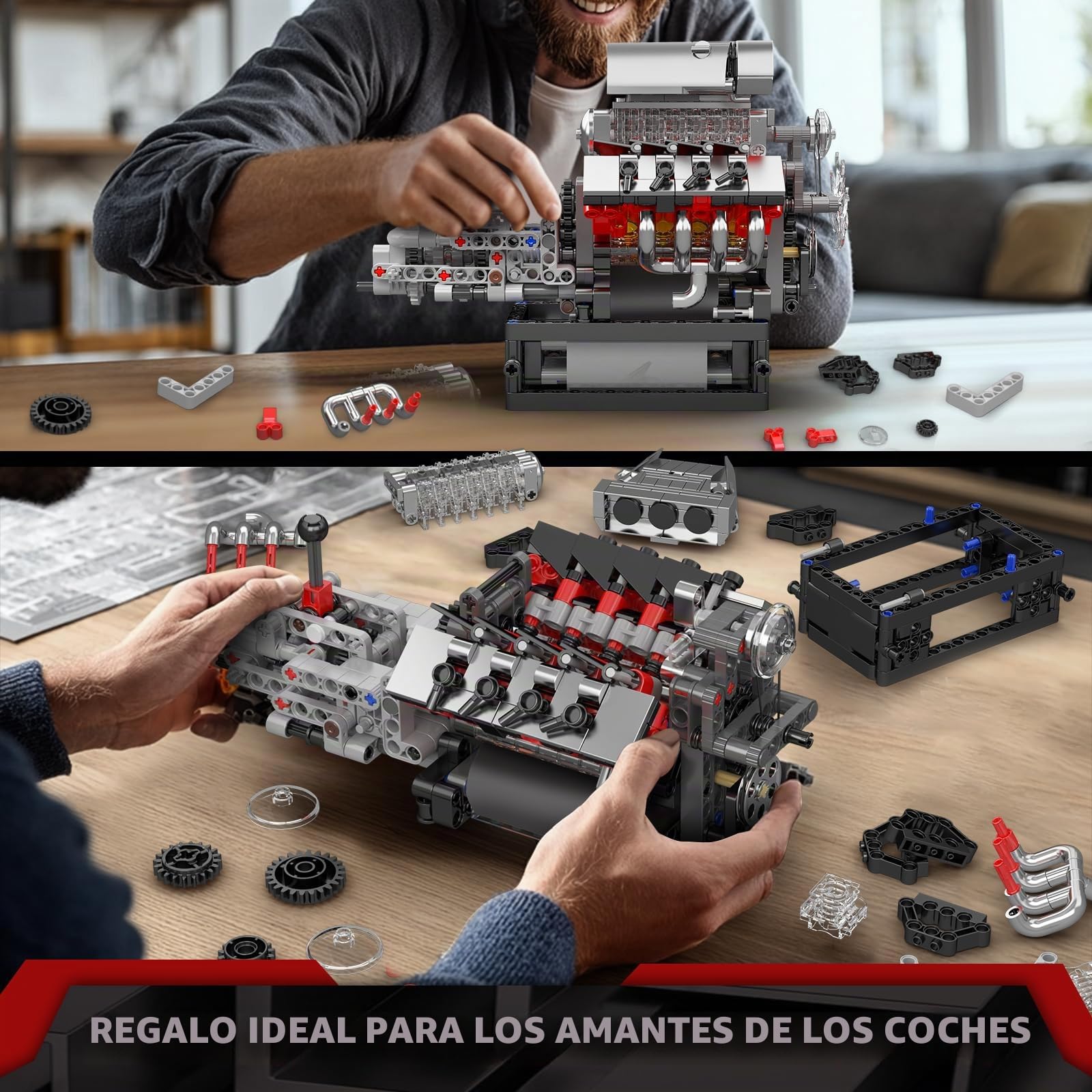 Mould King 10225 Tecnología V8 Motor y Engranaje Bloques de Abrazadera, STEM 855+ Piezas Bloques de Modelo de Motor con Motor, MOC Auto Engine Modelo Juguetes para Adolescentes/Adultos Colección