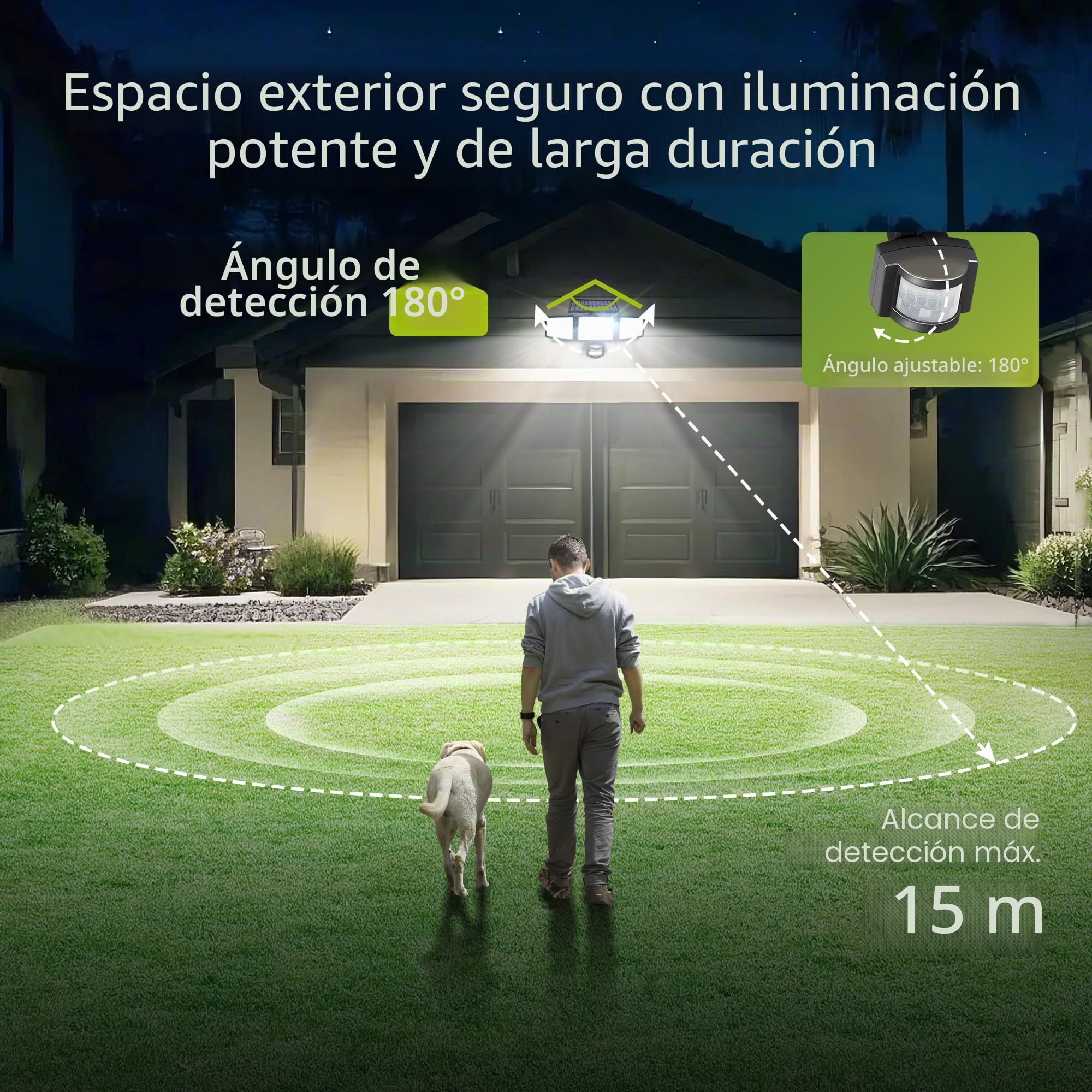 Philips Lámpara de seguridad solar exterior 302 LED 1200 lm, proyector de pared impermeable con sensor PIR, 3 cabezas, IP65, 3 modos