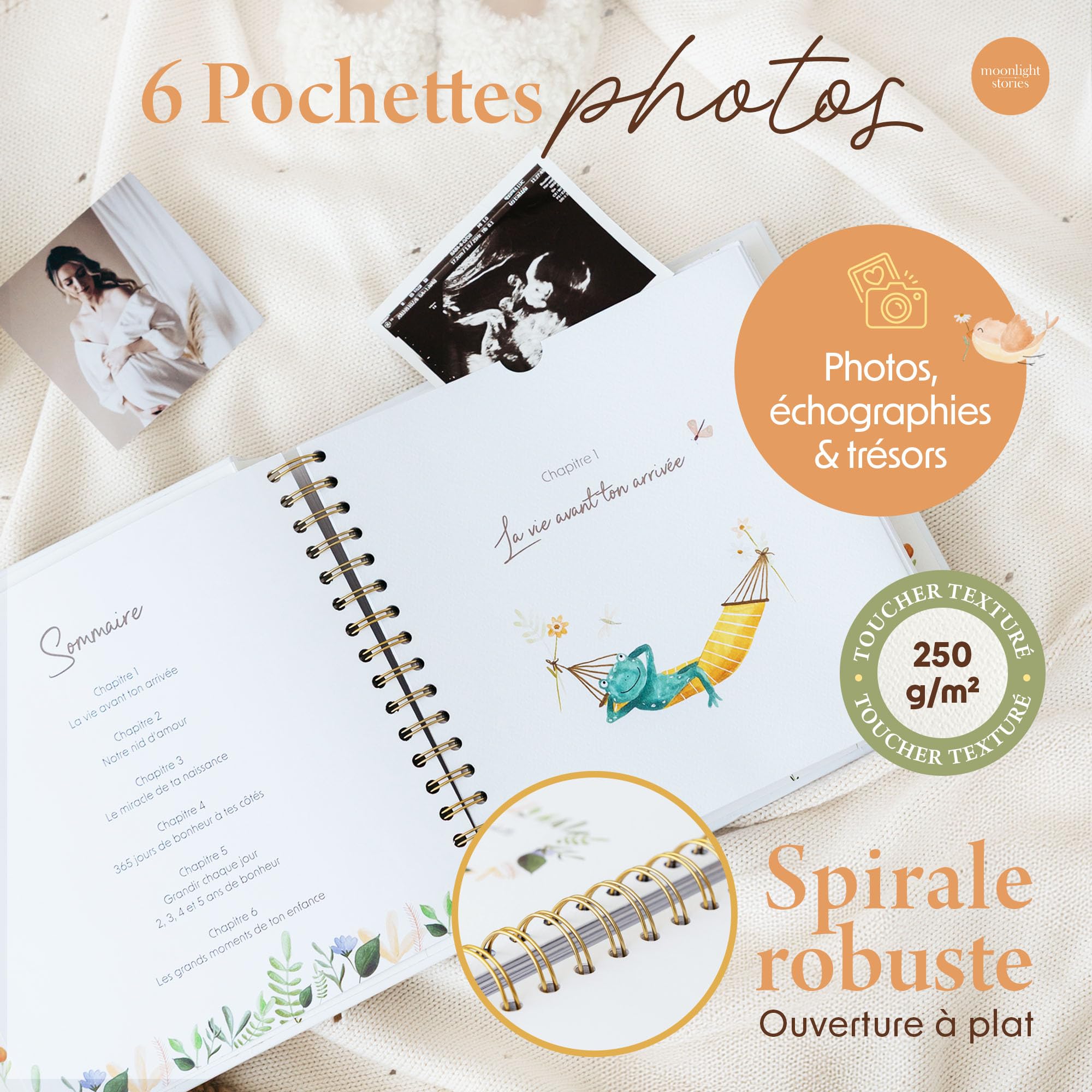 Livre de naissance bébé 0-5 ans avec 13 cartes étapes – Coffret naissance prêt à offrir, album souvenirs 120 pages, 6 pochettes souvenirs, cadeau naissance fille garçon