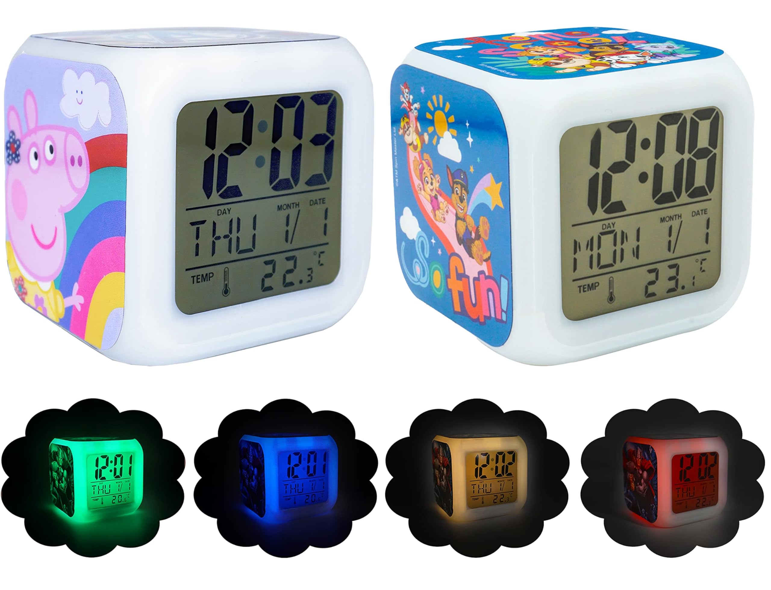 Hovuk Paw Patrol & Peppa Pig 2Pcs Digital Alarm Clocks 8Cm - Light Up Led Clocks With 4 Changing Colours, Kids Digital Clocks, Bedside Table Clock For Kids (Paw Patrol & Peppa Pig)