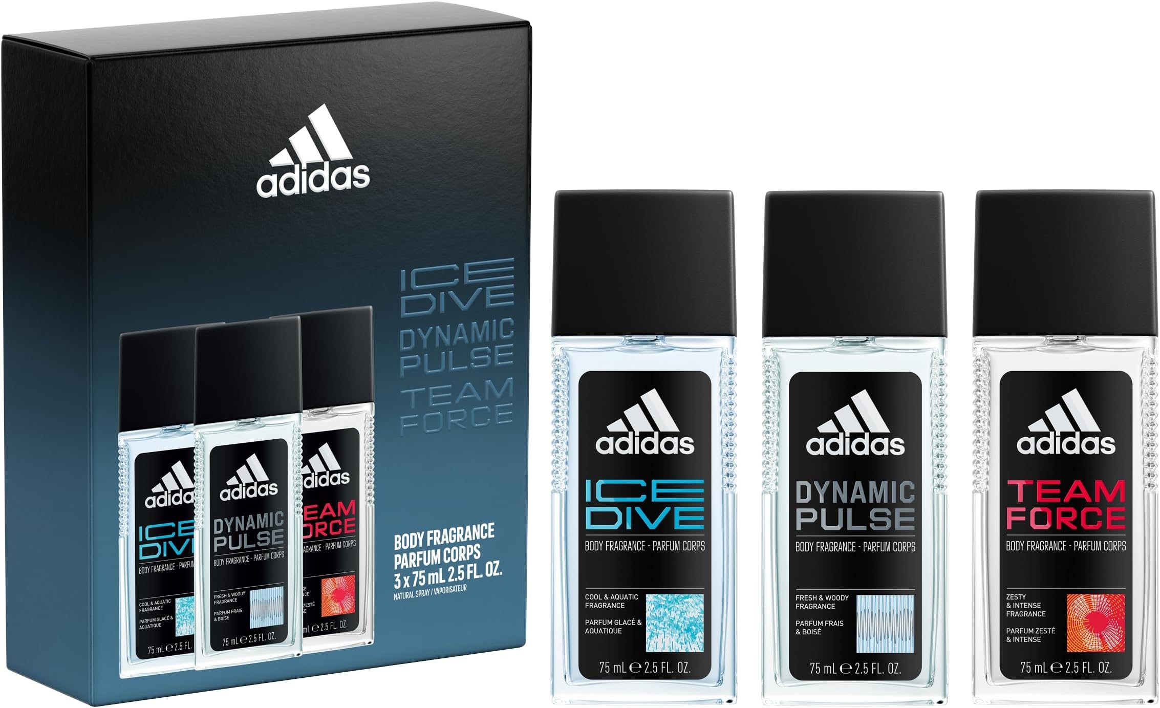 Adidas Multiline 3 Piece Gift Set, Ice Dive, Dynamic Pulse, and Team Force, Men's Fragrance, Long Lasting, Sporty Fragrance