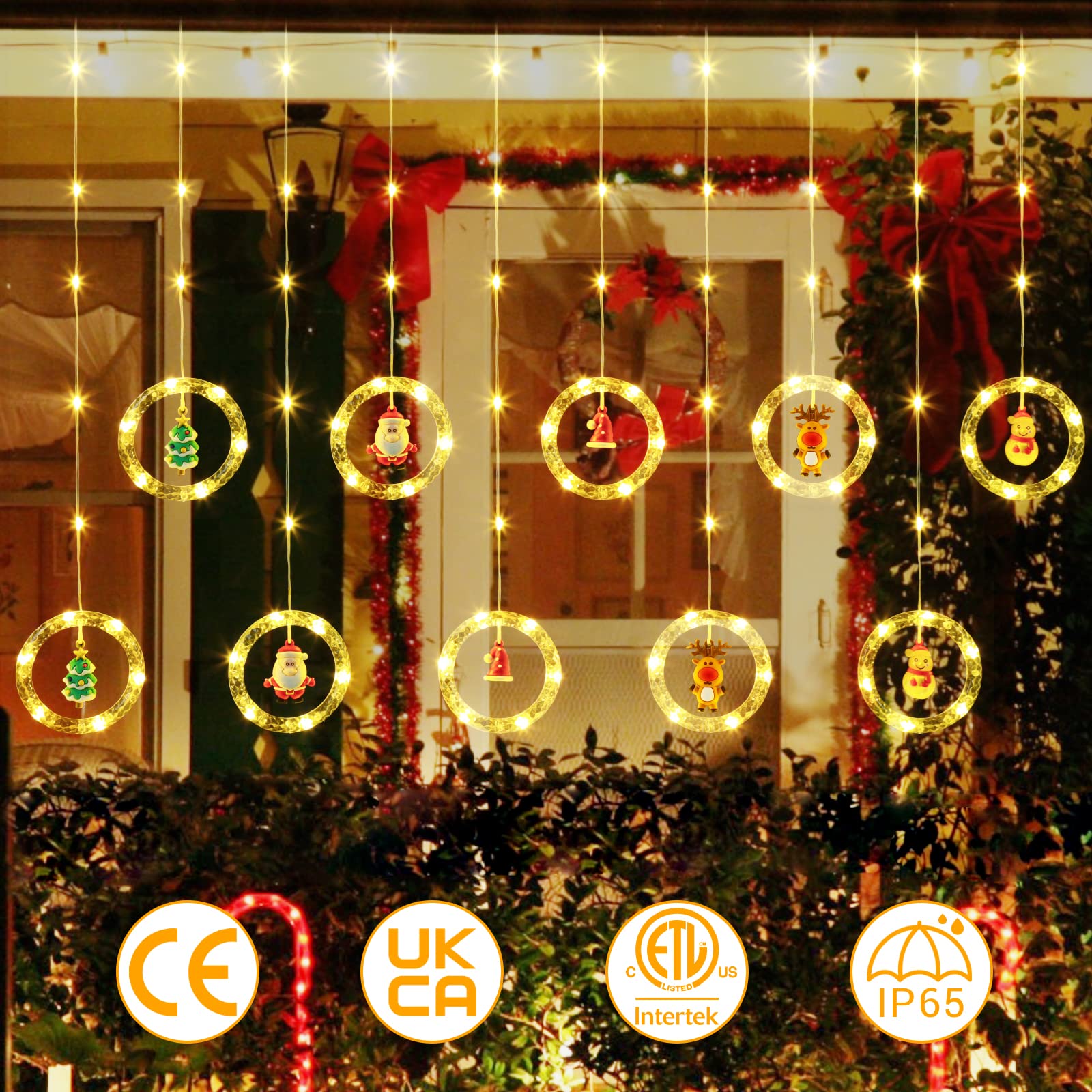 GlobaLink 3M x 0.7M Cortina Luces Navidad Enchufe con 10 Anillos Estatua, Impermeables 8 Modos Adornos para Natal Ventana Bodas Exterior Interior, Luz de Cadena Guirnalda, 100 LED, Blanco Cálido